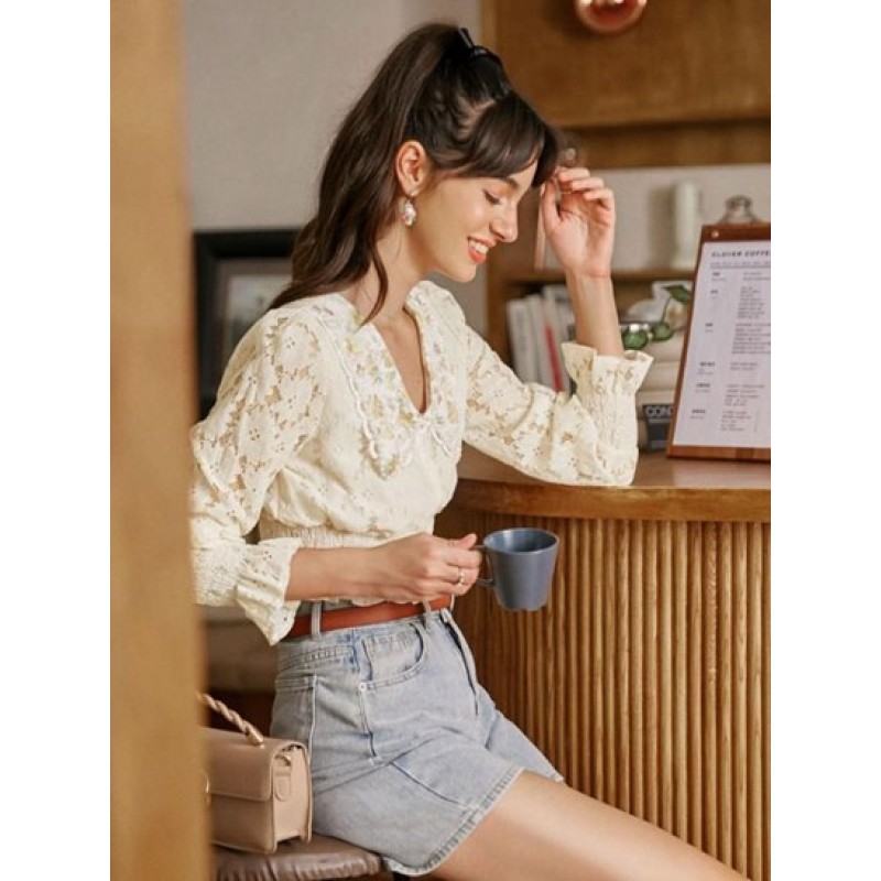 Lettuce Hem Floral Collar Beading Lace Blouse UL0604