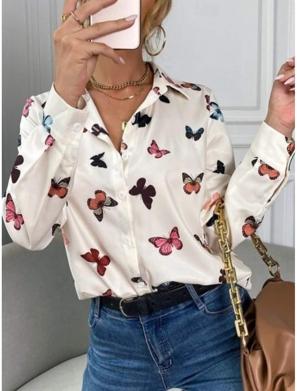 Women's Shirt Blouse Stylish Casual Butterfly Regular Tops Long Sleeve Shirt Collar Buttons Print Regular Fit Daily Summer Spring
