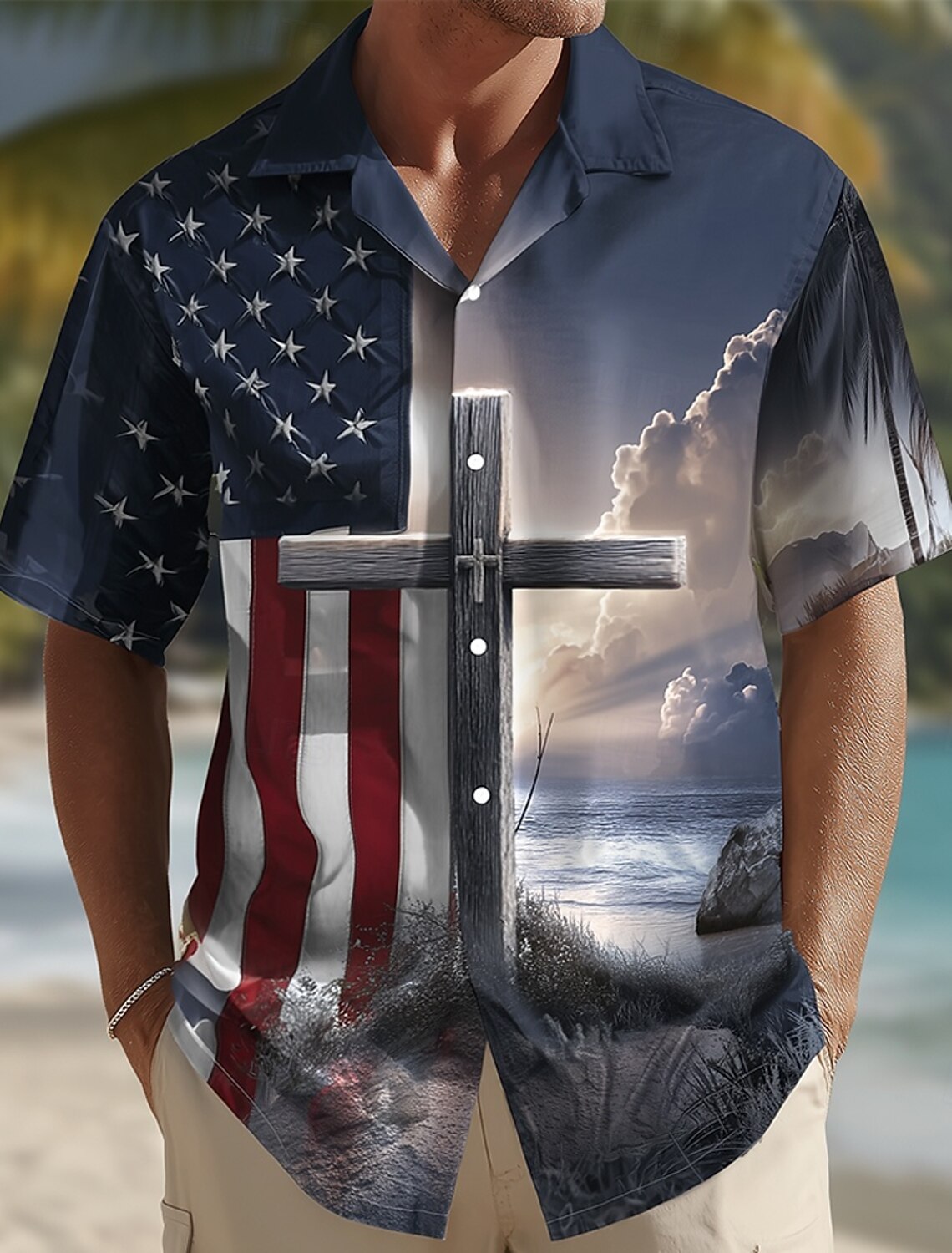 Men's 4th of July U.S. 250th Anniversary Cross US Flag Shirt Cuban Collar Shirt Button Up Shirt Short Sleeve Patriotic Holiday Summer Spring Camp Collar Shirt 3D Print Blue Blue red Purple Dark Blue