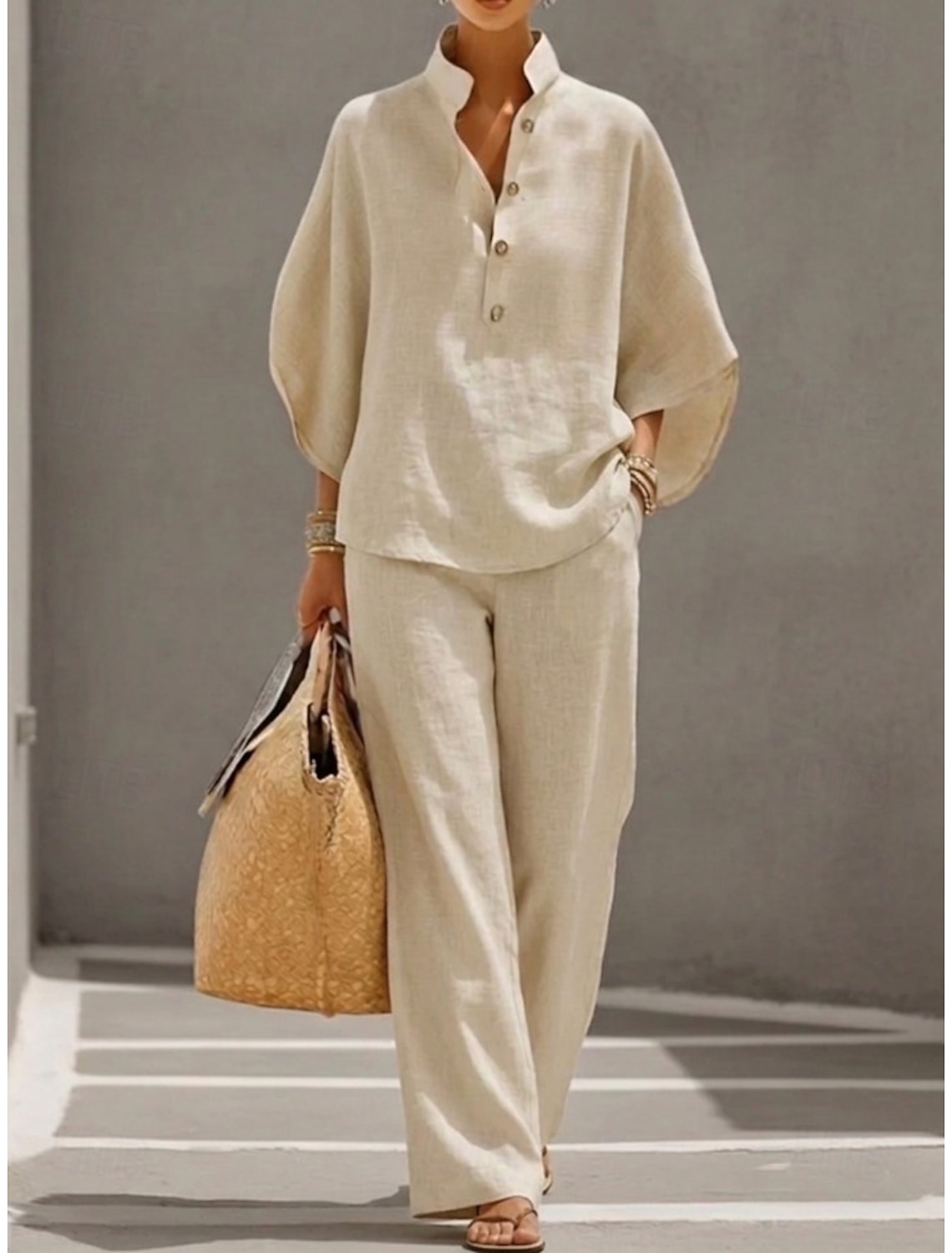 Women's Cotton Linen Sets 3/4 Length Sleeve Stand Collar Solid Color Daily Distressed Casual Daily Black Yellow Wine Summer Loose Fit
