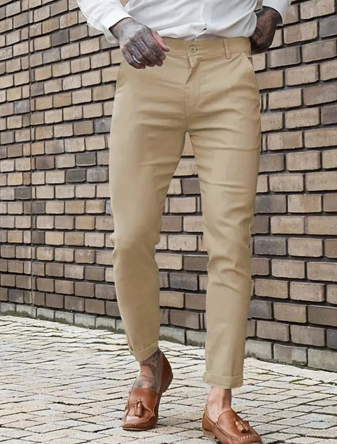 Men's Dress Pants Skinny Trousers Chinos Buttons Pocket Plain Comfort Formal Party Work Fashion Classic Style Blue Khaki Micro-elastic