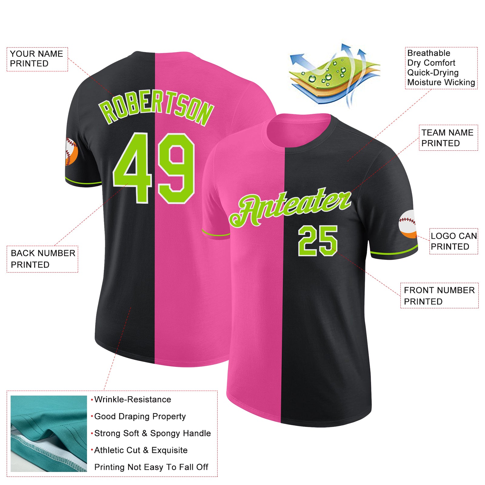 Custom Black Neon Green-Pink Split Fashion Performance T-Shirt