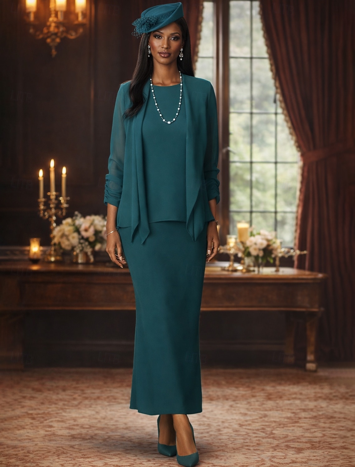 Two Piece Sheath Column Floor Length Wedding Guest Dress Mother of the Bride Dress Long Sleeve Scoop Neck Elegant Formal Wedding Guest Chiffon Wrap Included with Solid Color