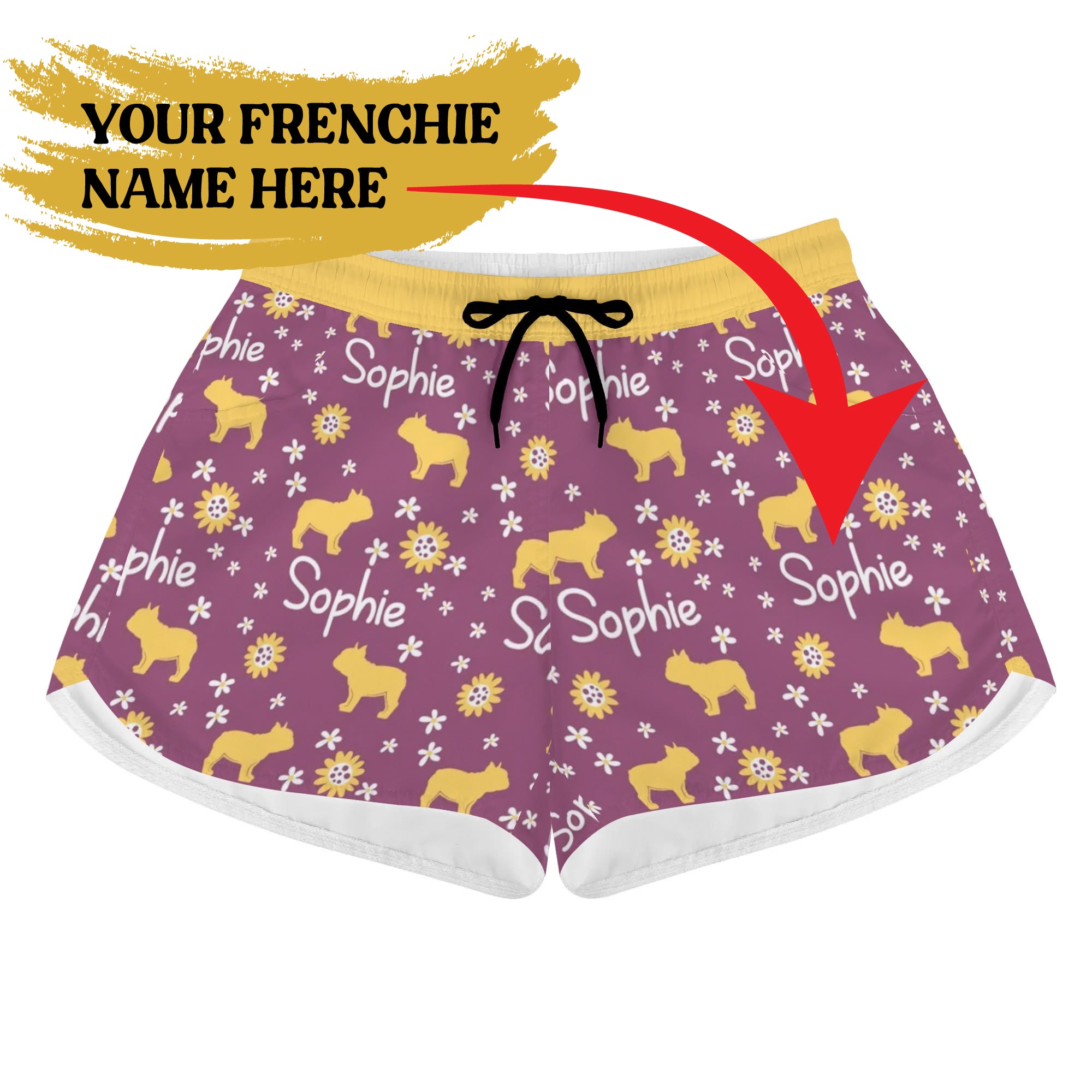Custom Women's Beach Shorts with French Bulldog Name