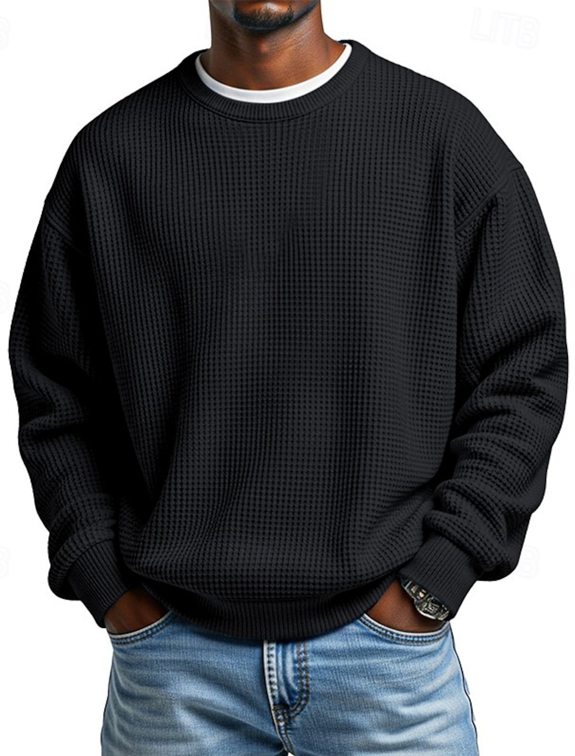 Men's Sweatshirt Waffle Pullover Apricot Black White Light Green Red