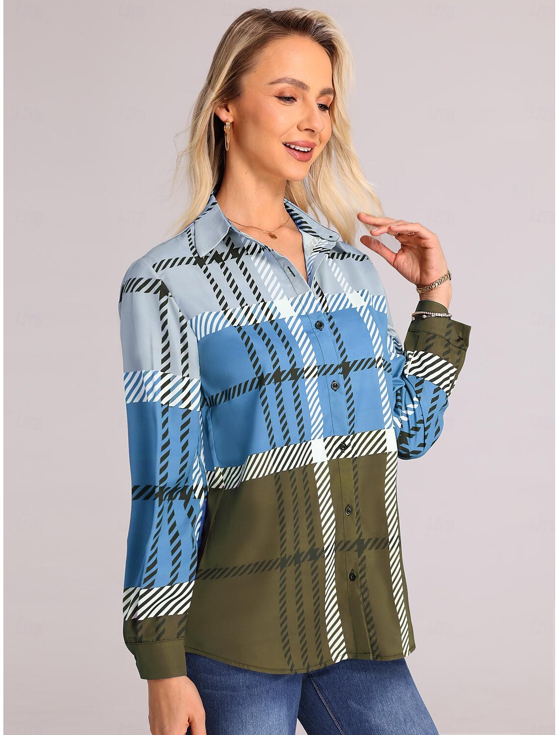 Women's Shirt Blouse Fashion Plaid Buttons Print Long Sleeve Regular Tops Shirt Collar Casual Spring & Fall