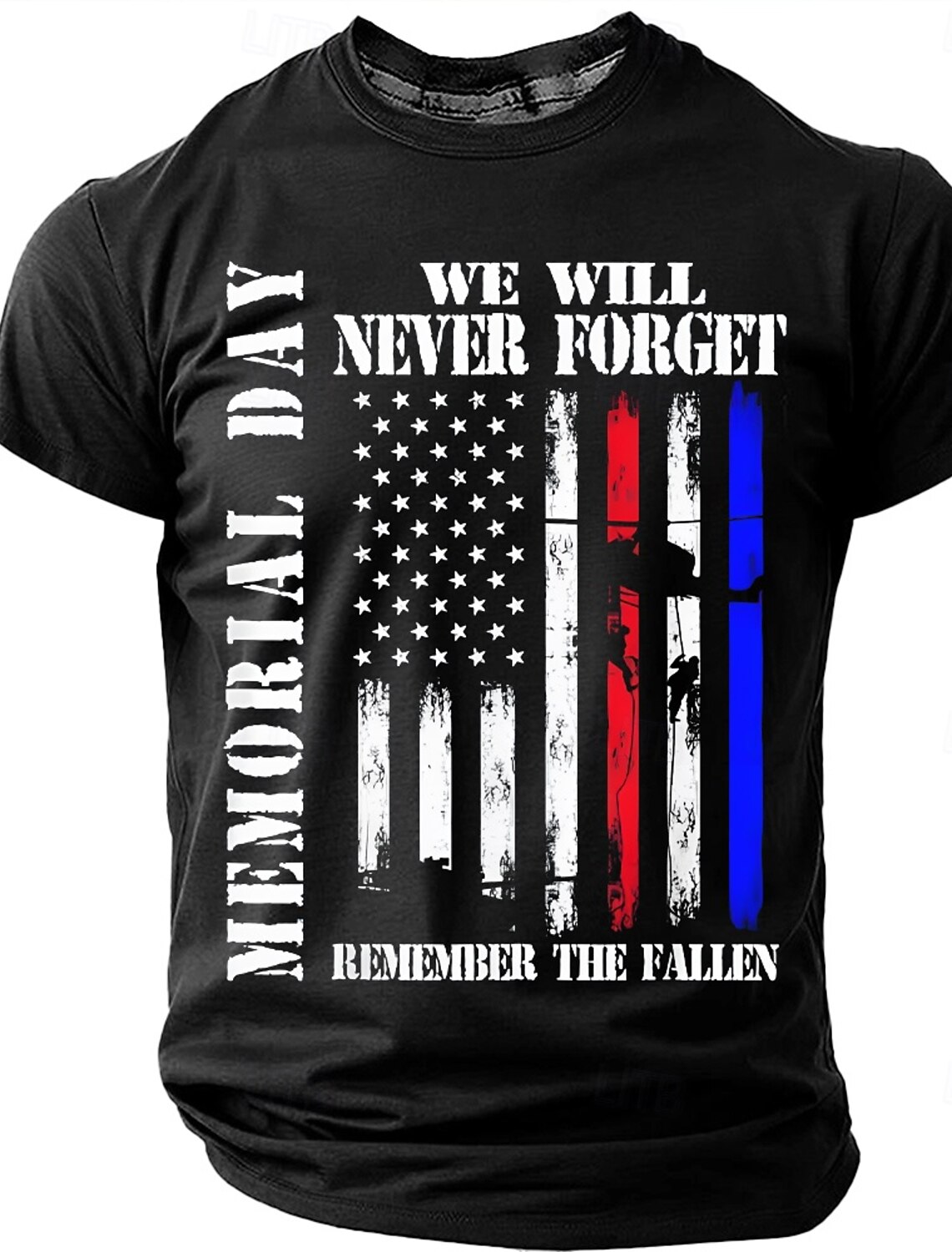 Memorial Day We Will Never Forget Remember The Fallen Men's American Flag Veteran Silhouette Patriotic Graphic T Shirt Distressed Vintage Short Sleeve Casual Tee Designer Clothing Apparel S M L XL XXL