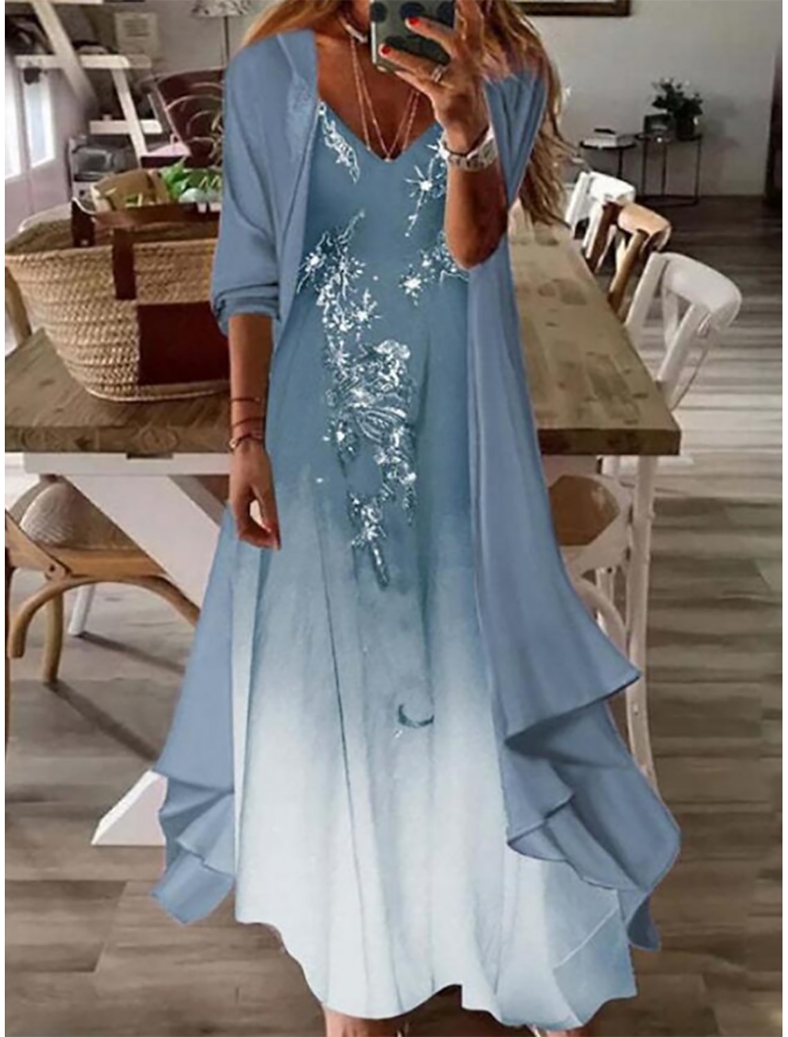 Women's Dress Set Casual Dress Print Dress Fashion Casual Floral Print Long Dress Maxi Dress 3/4 Length Sleeve V Neck Daily Outdoor Blue Pink Sky Blue Summer Spring Regular Fit