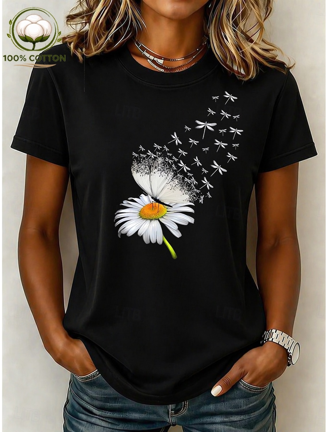 Women's 100% Cotton T Shirt Vintage Washed Tops Print Graphic Plants Stylish Basic Short Sleeve Crew Neck Regular Tops Casual Daily Blue Black Pink Purple Brown Summer Spring