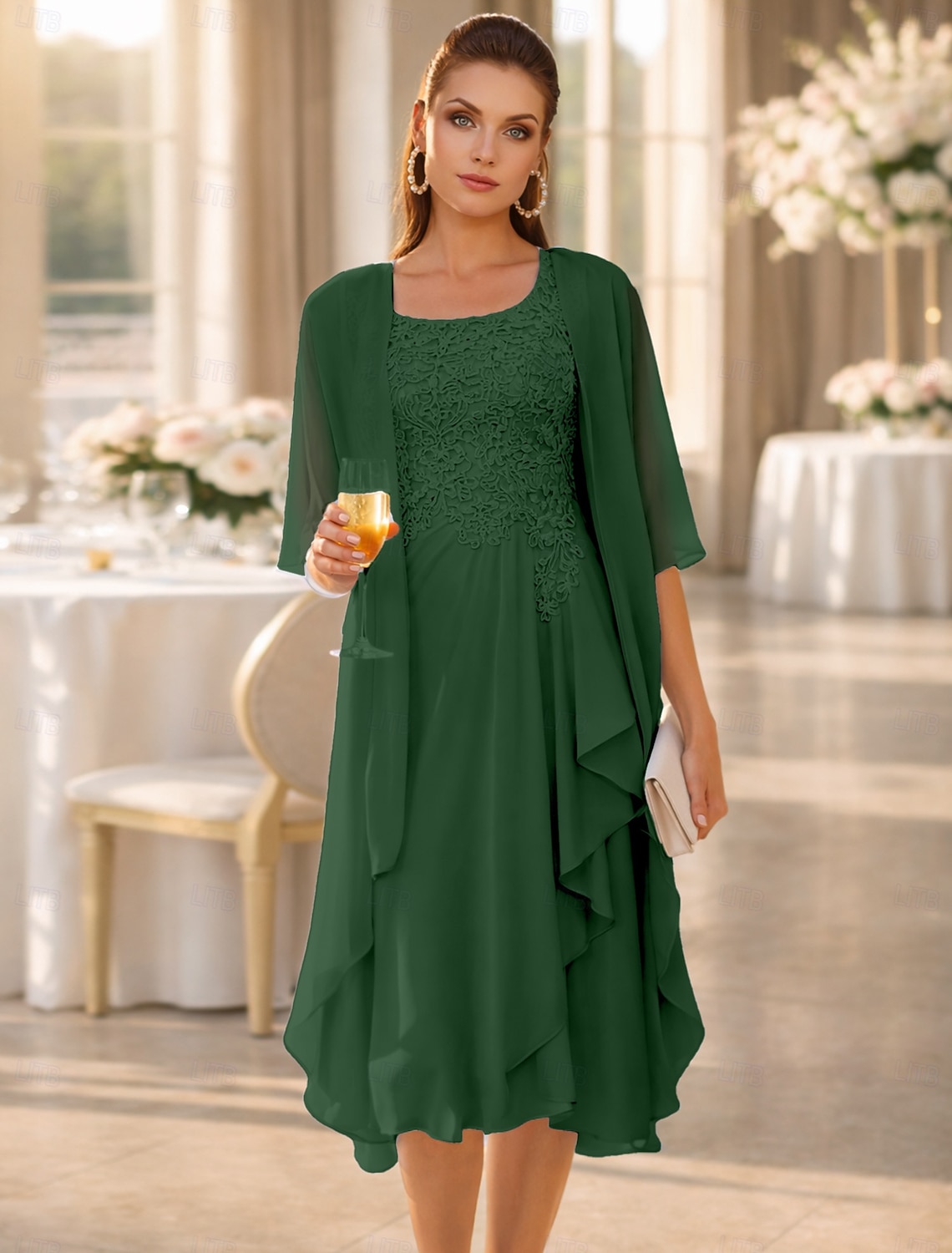 Two Piece A-Line Knee Length Wedding Guest Dress Mother of the Bride Dress Sleeveless Scoop Neck Elegant Wedding Guest Wedding Party Chiffon Lace Jacket Dresses with Pleats Appliques
