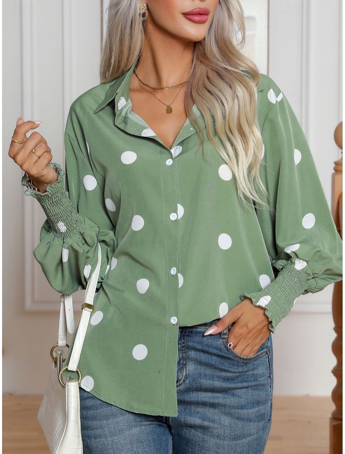 Women's Shirt Blouse Elegant Daily Casual Polka Dot Regular Tops Long Sleeve Shirt Collar Buttons Loose Fit Work Daily Holiday Summer Spring