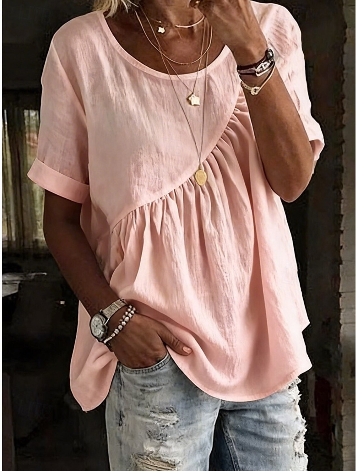 Women's Blouse Cotton Shirt Ruched Solid Color Daily Stylish Basic Short Sleeve Crew Neck Regular Tops Daily Blue White Yellow Pink Green Summer Spring Fall