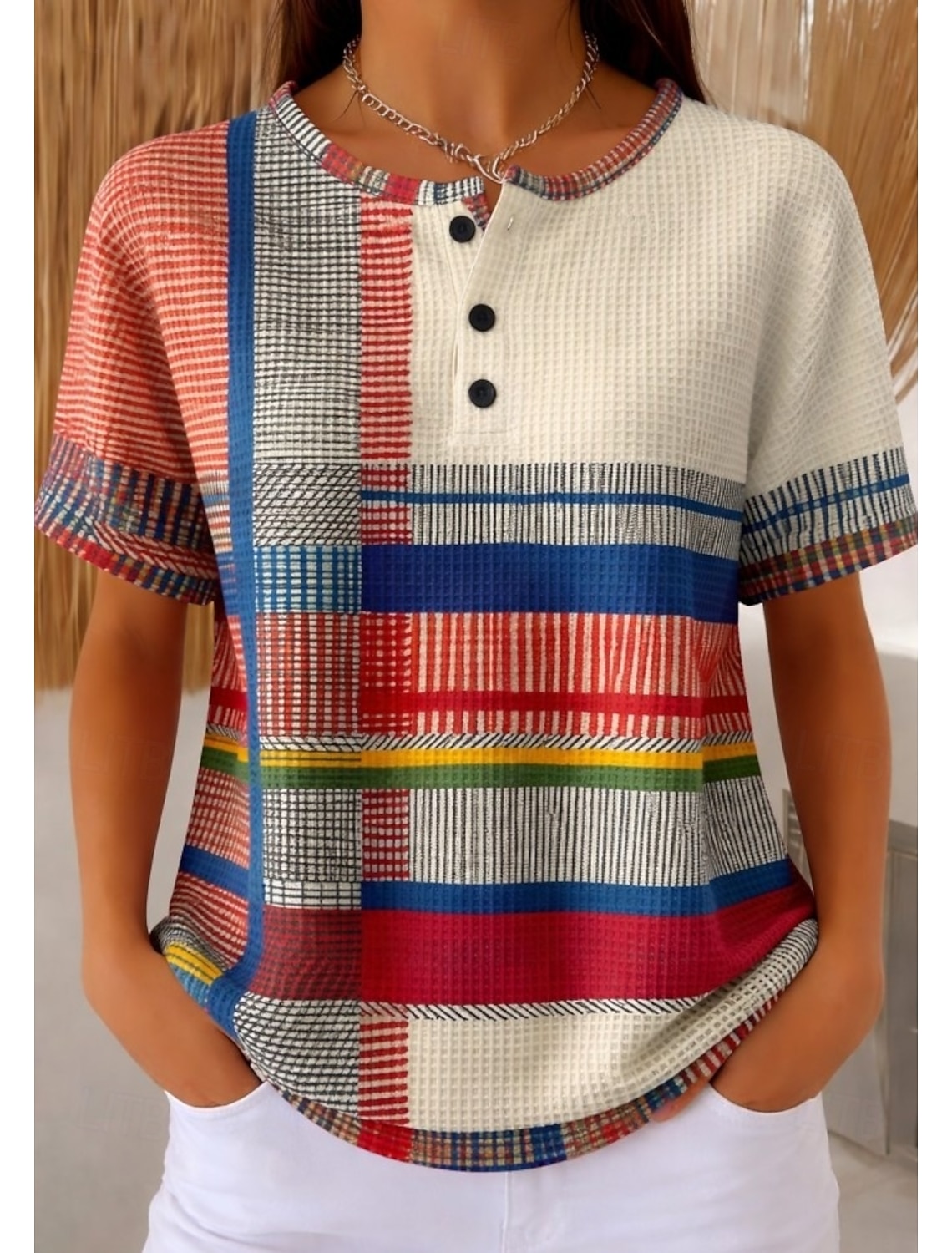 Women's Waffle Textured Knit Tops T Shirt Color Block Print Graphic Geometric Stylish Classic Short Sleeve Crew Neck Round Neck Daily Sports Weekend Light Brown Rainbow Red / Blue Summer Spring