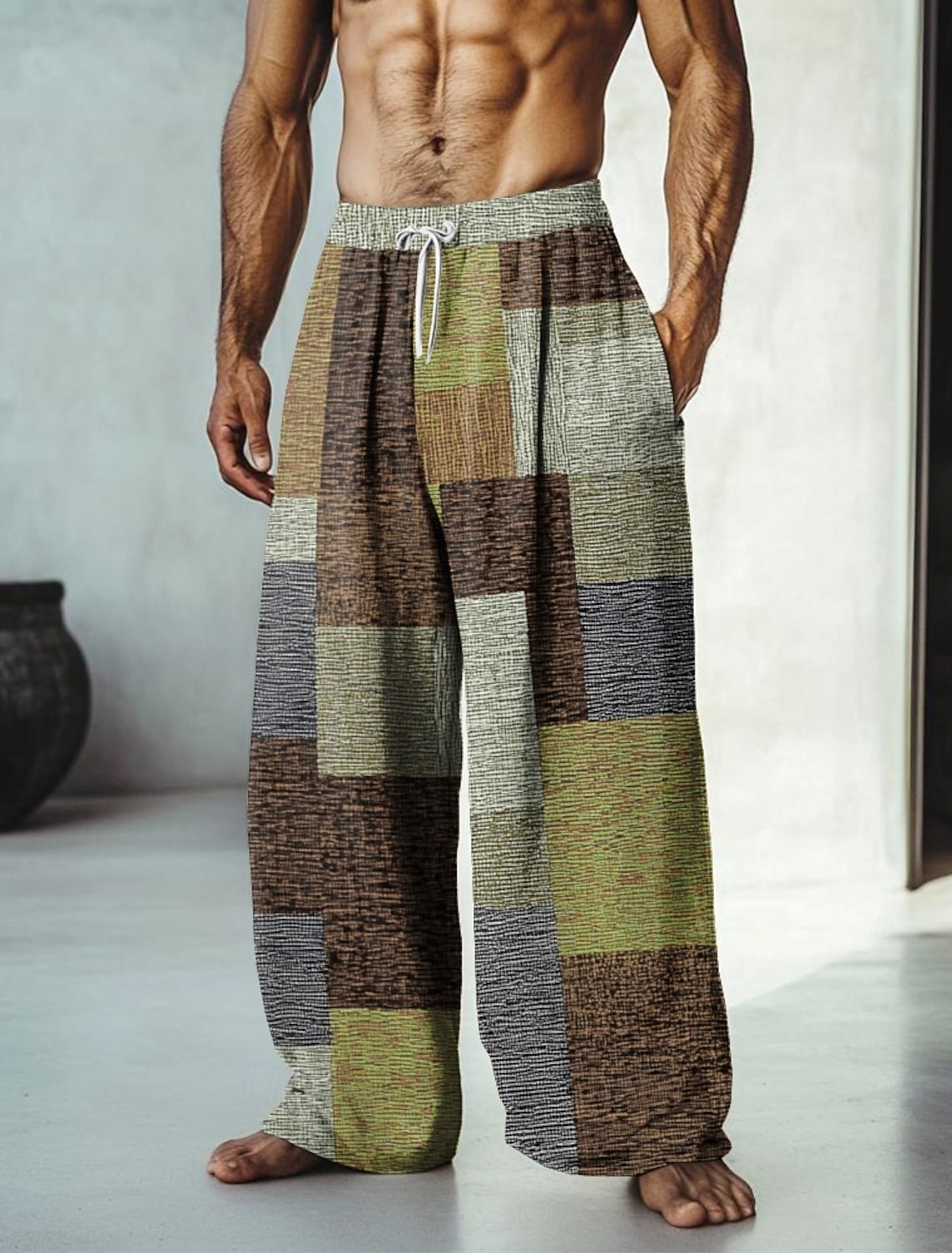 Men's Color Block Patchwork Pants Trousers Mid Waist Drawstring Elastic Waist Hawaiian Casual Outdoor Vacation Holiday Straight Leg Trousers Summer Spring Fall 3D Print Yellow Red Blue