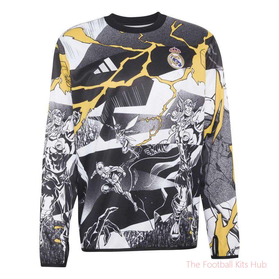 Real Madrid X Marvel Training T-Shirt Pre Match Warm Top - White/Black/Bold Gold