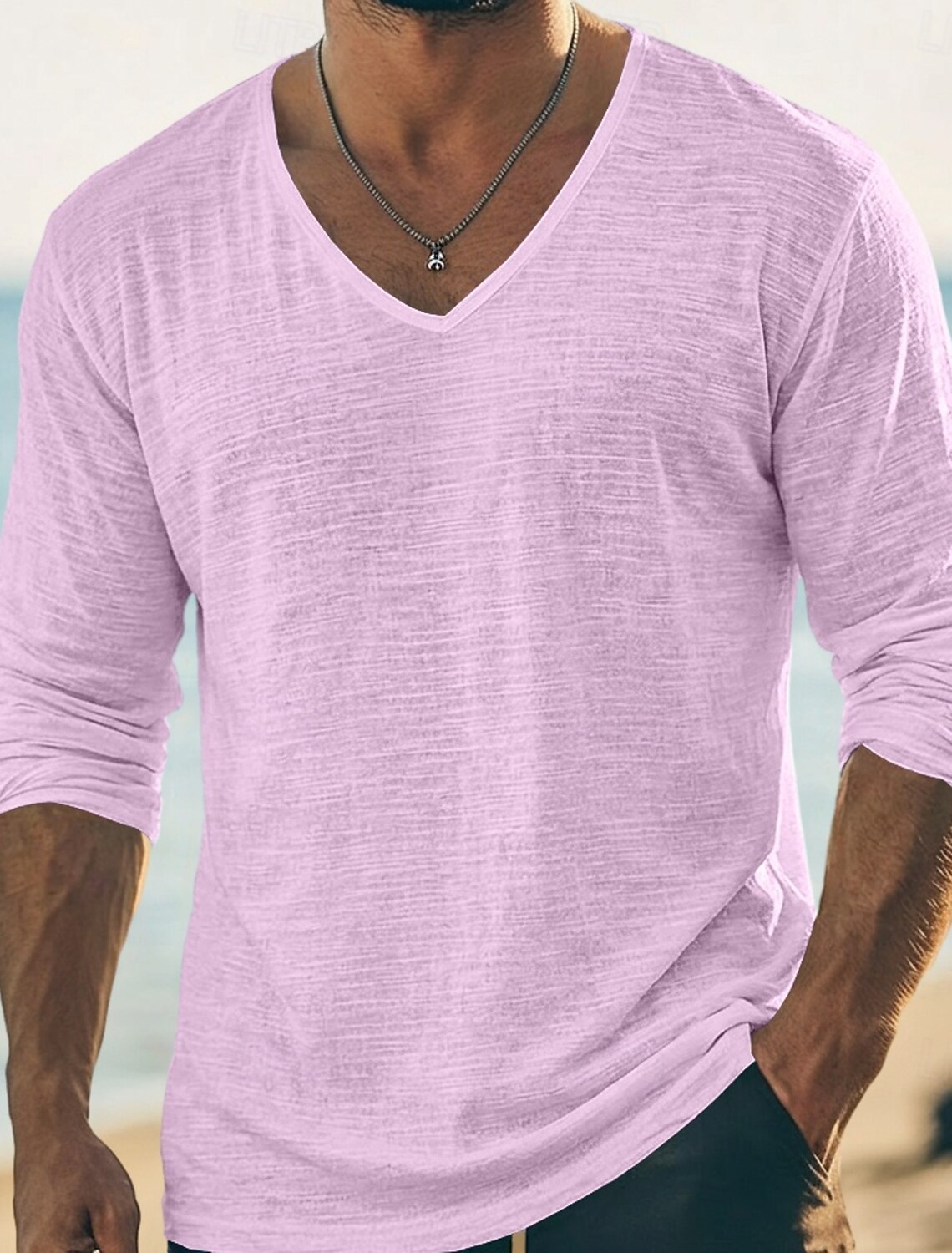 Men's Tee Top Linen T-Shirt Long Sleeve V Neck Summer Spring Solid