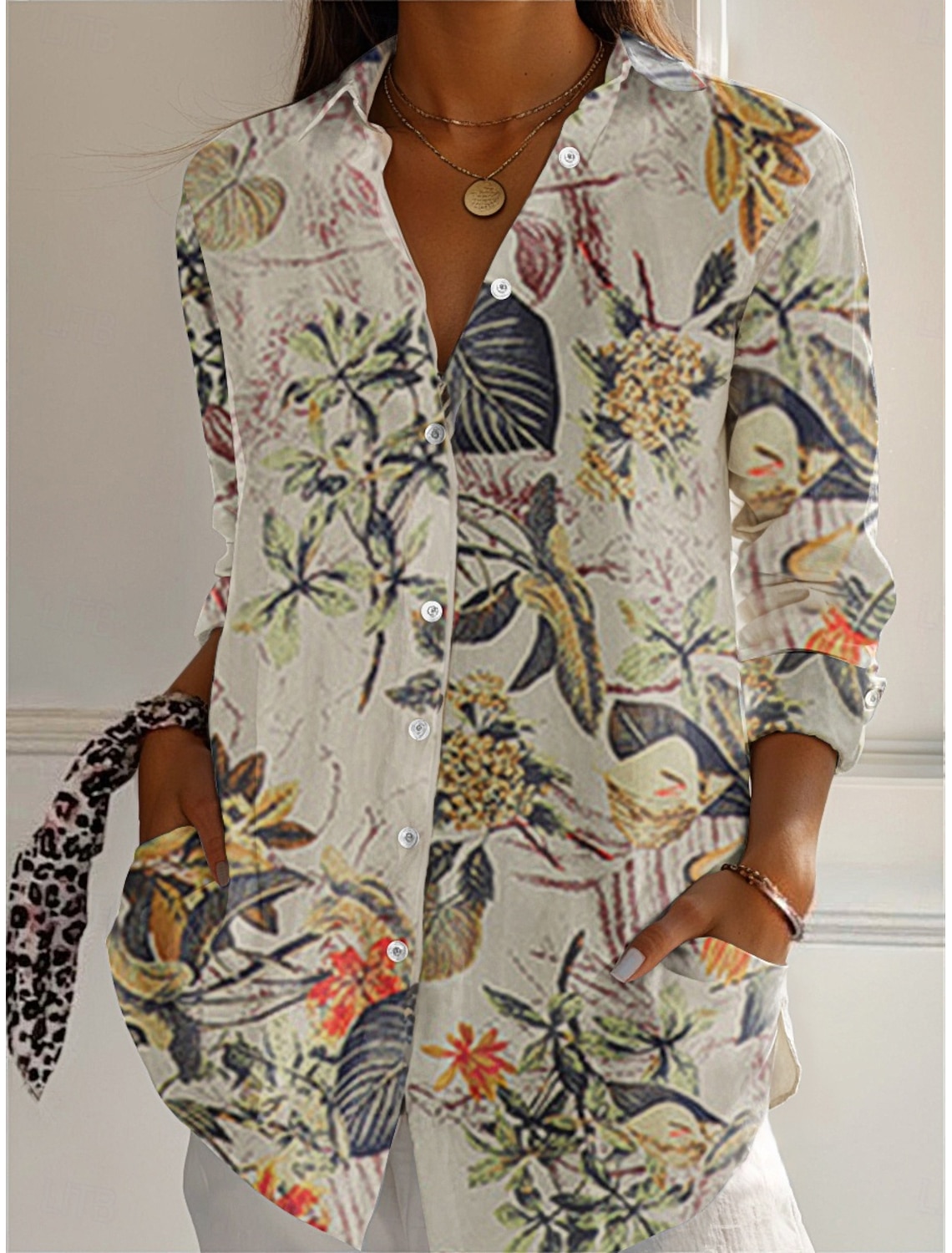 100%cotton Boho Shirt Women's Royal Blue Purple Khaki Toile Floral Print Pocket Home Party Elegant Neutral Daily Shirt Collar Loose Fit S