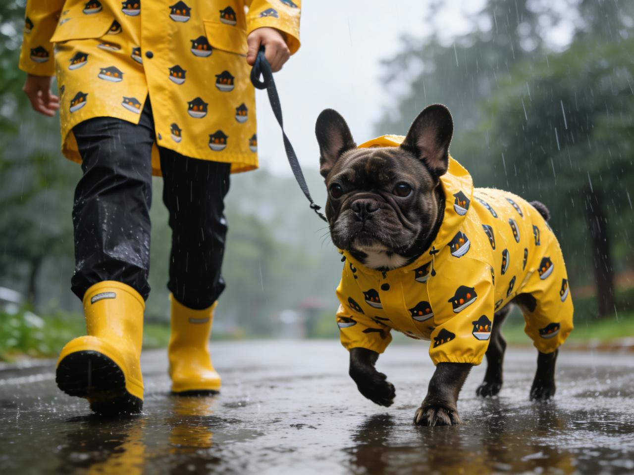 Owner and Frenchie wearing matching Frenchie Vibe rain gear, walking in the rain.