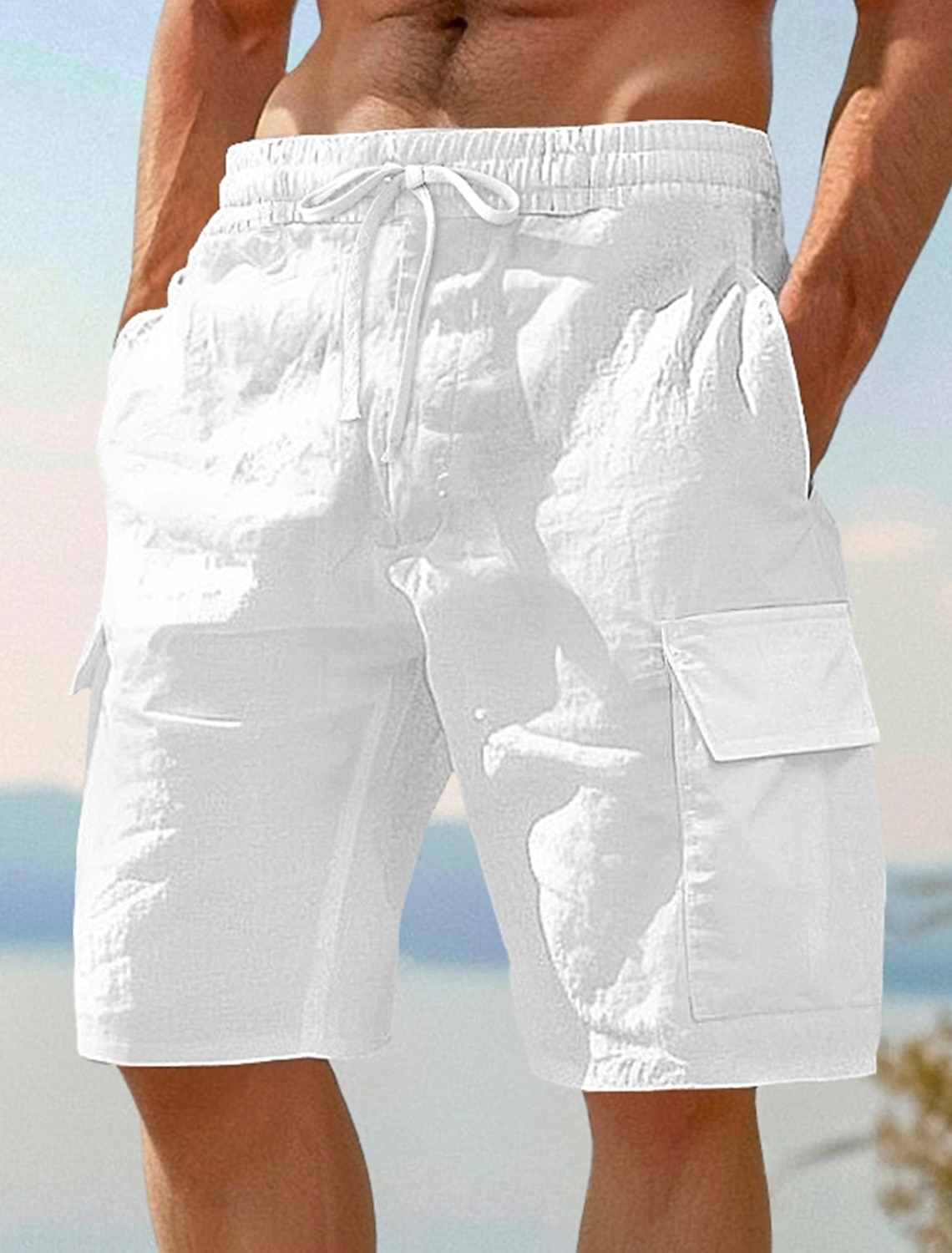 Men's Cargo Shorts Shorts Linen Shorts Summer Shorts Beach Shorts Drawstring Elastic Waist Multi Pocket Plain Knee Length Outdoor Beach Vacation Hawaiian Black White Inelastic