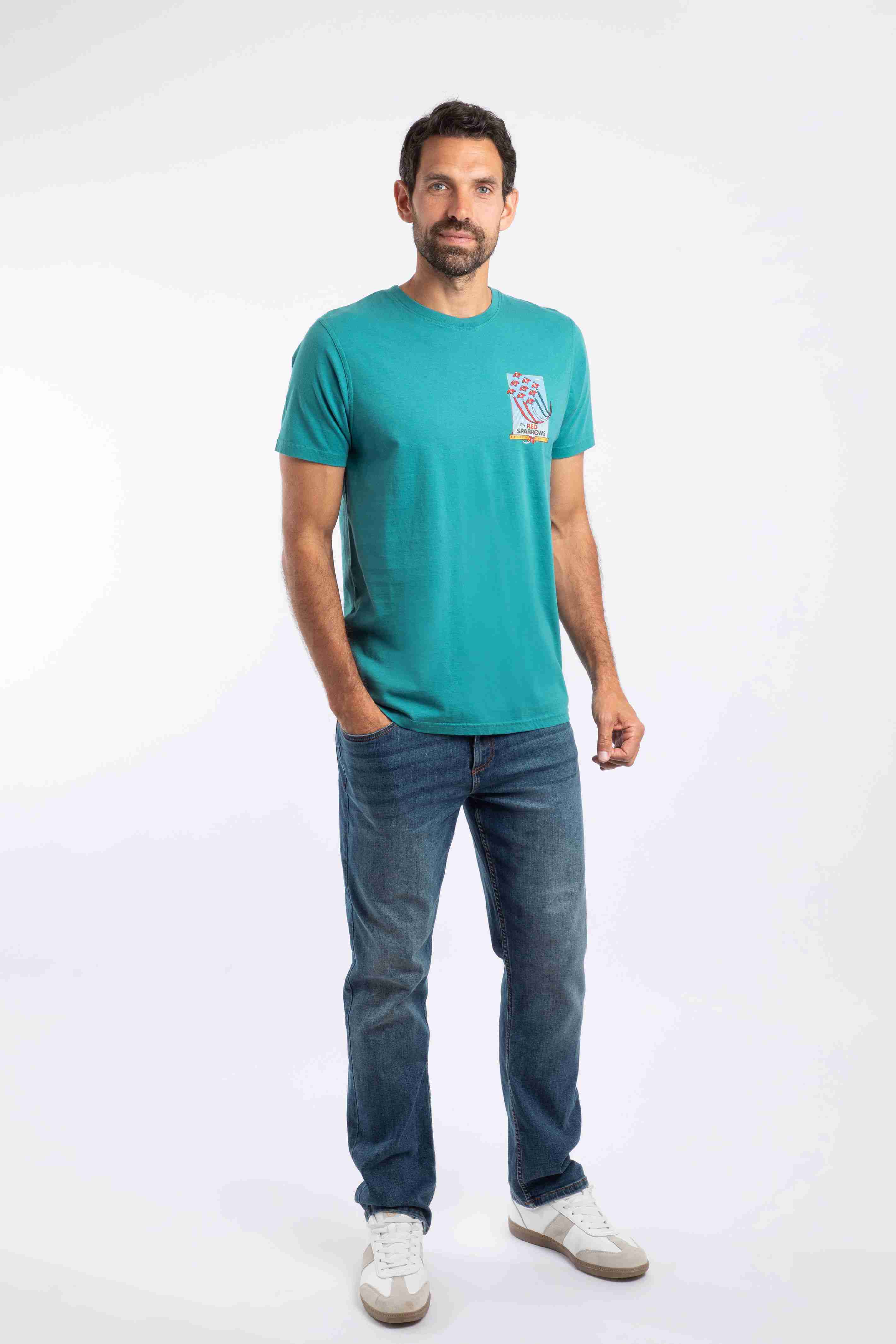 Red Sparrows Back Print Artist T-Shirt Deep Teal