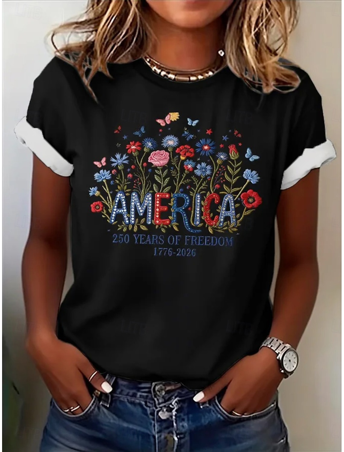 American Independence Day Women's T Shirt Print Floral Graphic Flag Stylish Classic Casual Short Sleeve Crew Neck Round Neck Regular Tops Casual Daily Blue Black White Pink Red Summer Spring