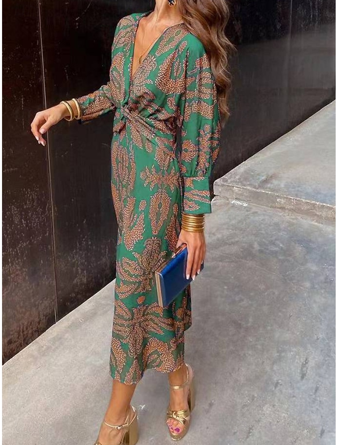 Women's Graphic Print V Neck Maxi Dress Long Sleeve Spring Fall