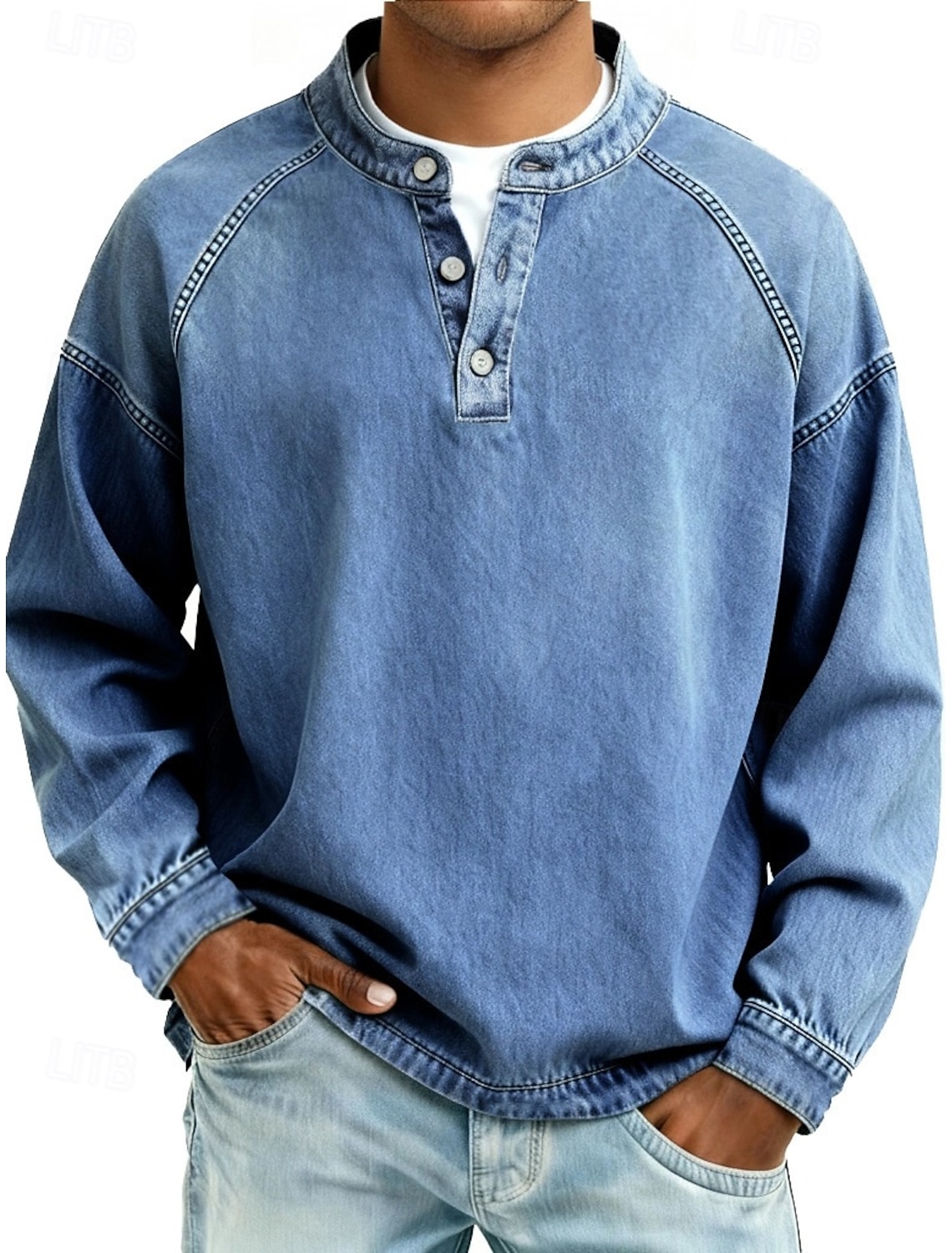 Men's T Shirt Henley Shirt 100% Cotton Acid Wash Shirt Tee Top Long Sleeve Plain Vintage Streetwear Casual Washed Raglan Sleeves Stand Collar Henley Casual Home Street Spring Fall Fall & Winter Black