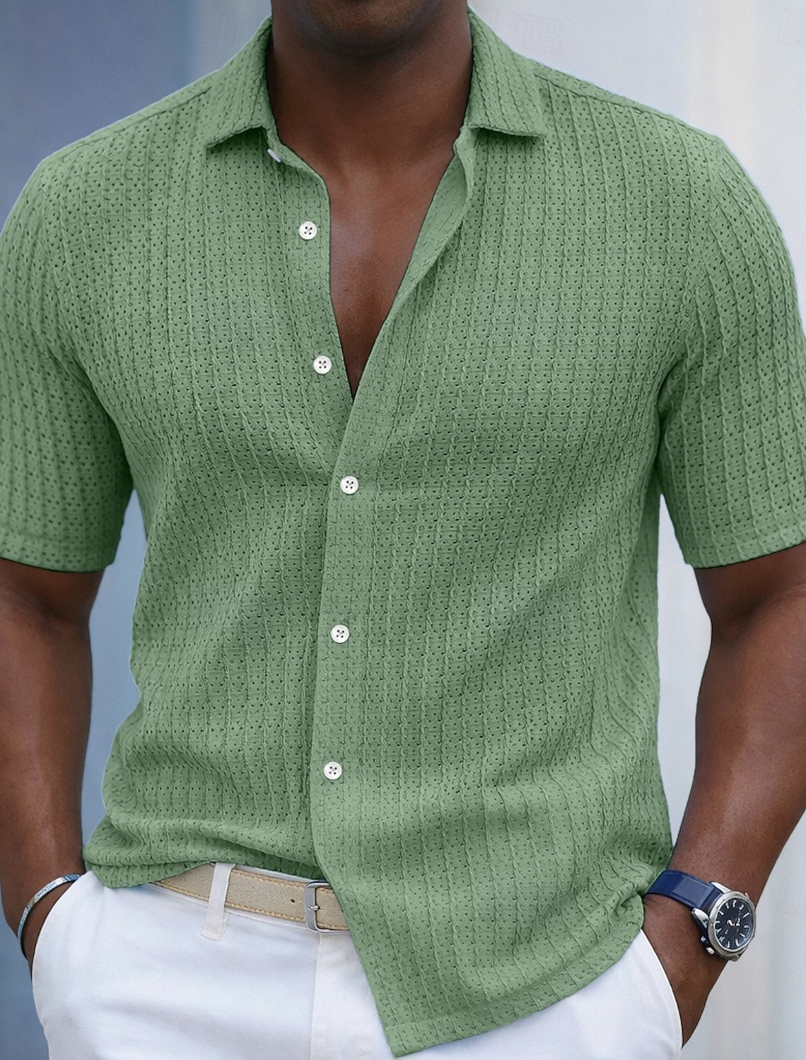 Men's Shirt Summer Shirt Button Up Shirt Jacquard Shirt Cardigan Blue Black White Green khaki Short Sleeve Striped Textured Fashion Lapel Casual Daily Wear Hole Clothing Apparel Modern Modern