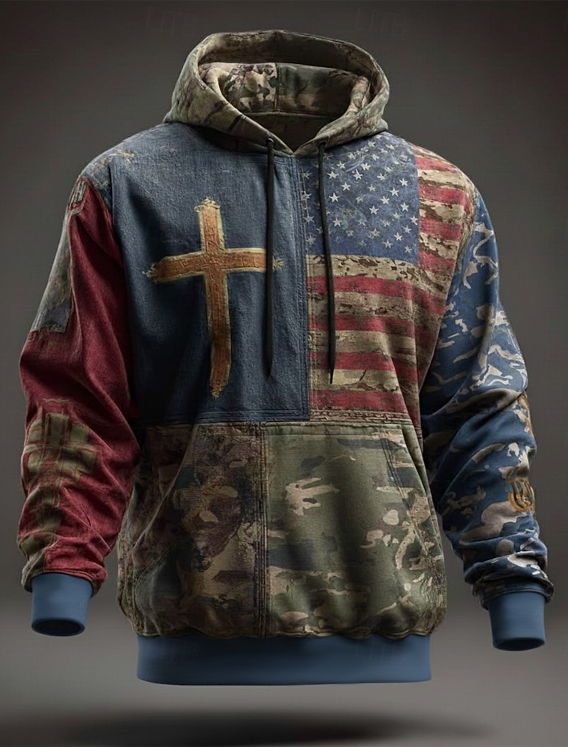 US America 250 Year Anniversary Men's American Flag Cross Hoodie