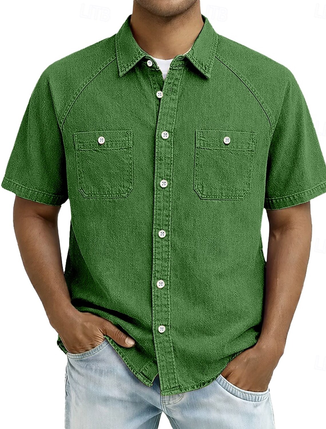 SoftFade™ Men's Shirt Casual Shirt Button Up Shirt Cotton Acid Wash Shirt Black Light Green Pink Purple khaki Short Sleeve Plain Grandad Collar Casual Daily Front Pocket Clothing