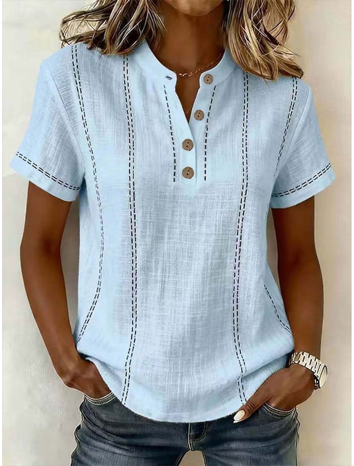 Women's Polo Shirts Blouse Lace Tops Plain Bohemia 3/4 Length Sleeve Lapel Regular Tops Light Blue White Pink Royal Blue Sky Blue Summer Spring