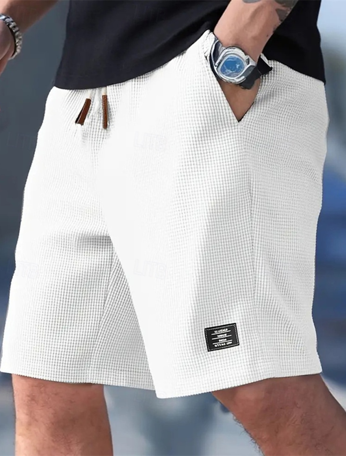 Men's Waffle Shorts Shorts Summer Shorts Casual Shorts Pocket Elastic Waist Drawstring Plain Comfort Breathable Knee Length Outdoor Vacation Sport Casual Black White Micro-elastic