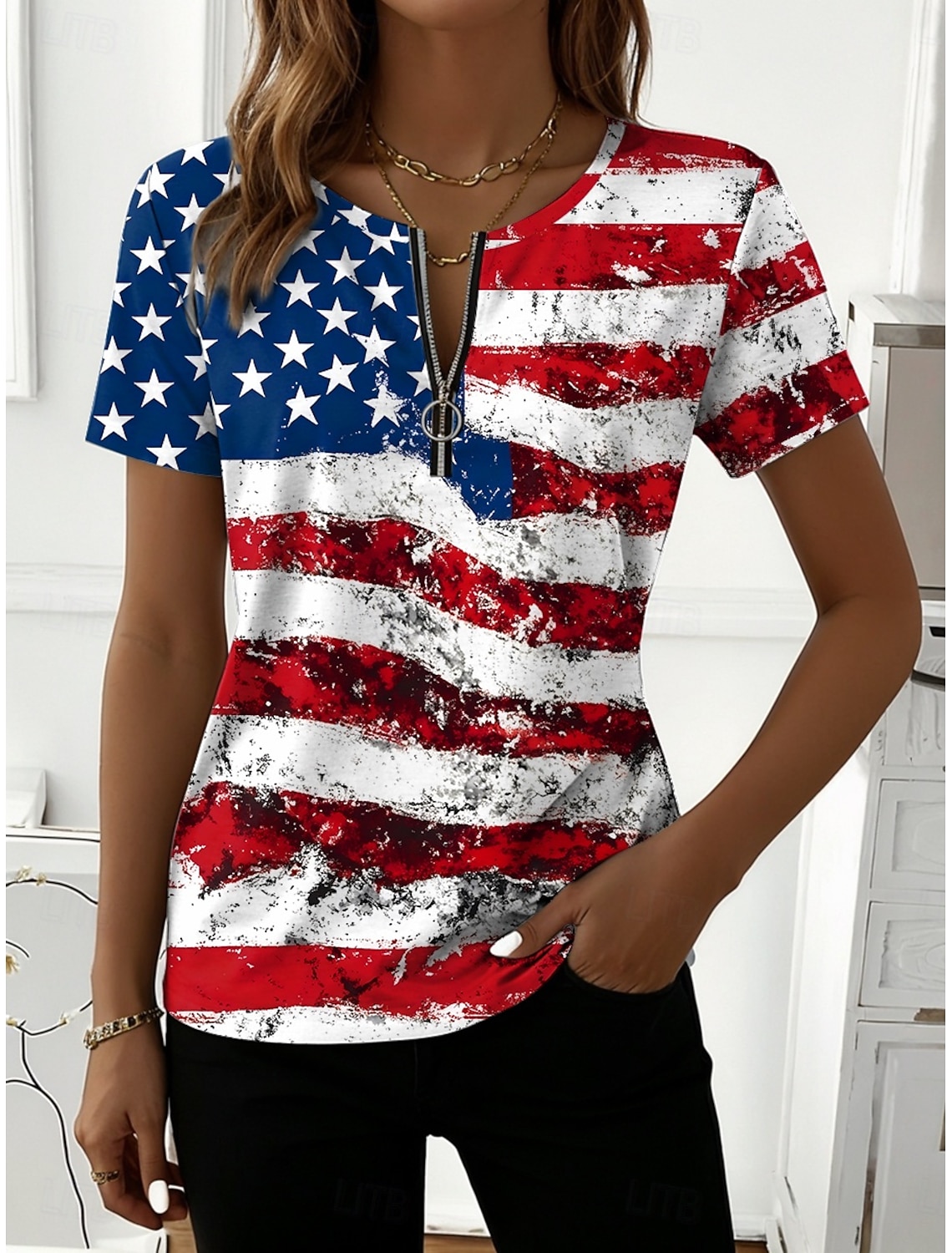 American Independence Day Women's T Shirt Print Graphic American Flag Vintage Stylish Classic Short Sleeve V Neck Regular Tops Casual Daily White-Blue White Red White Summer Spring Fall Winter