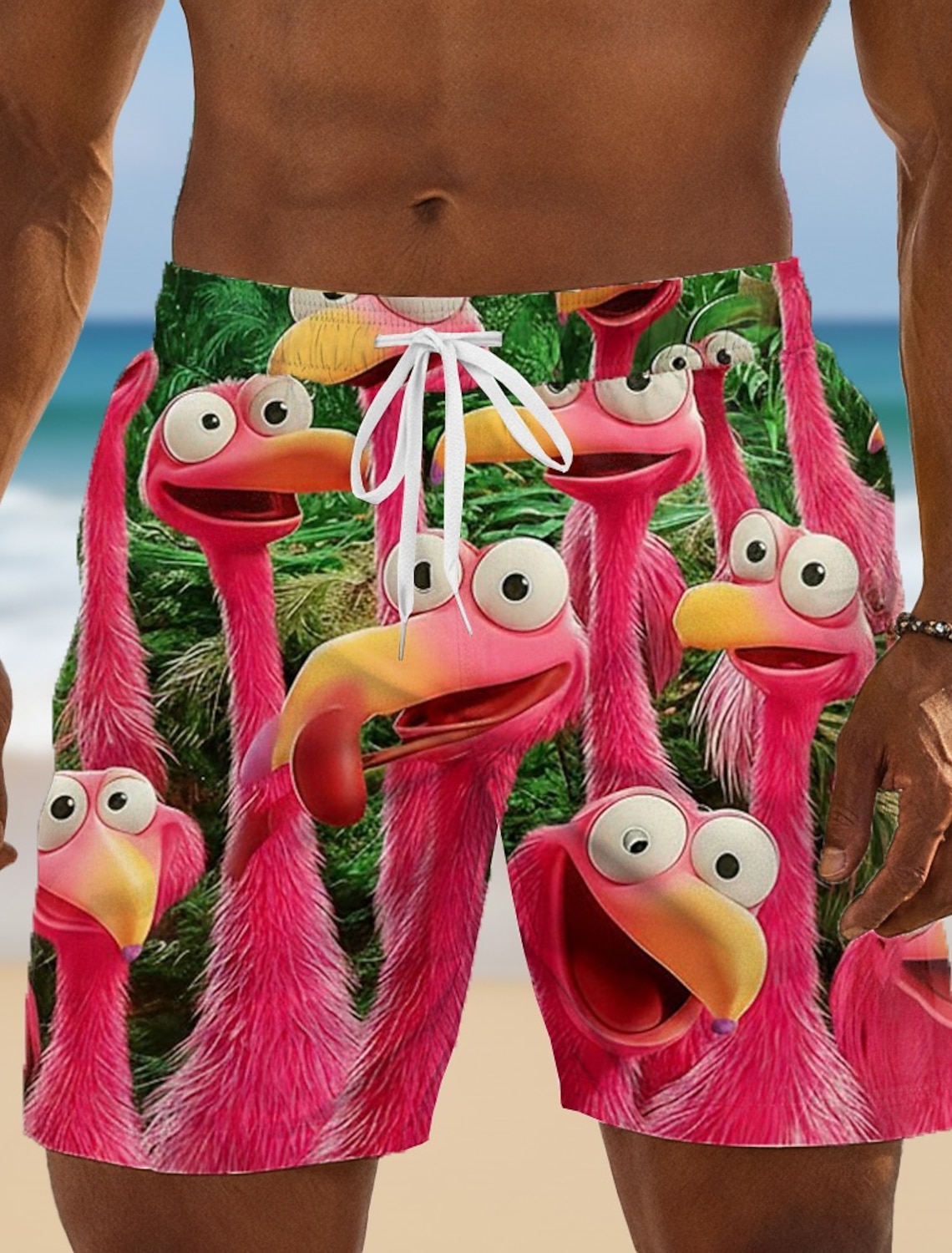 Men's Flamingo Bird Cartoon Animals Swim Trunks Bathing Suits Swim Shorts Board Shorts Mid Waist Hawaiian Funny Beach Vacation Wear Side Pockets Mesh Lining Elastic Drawstring Waist Designer Clothing