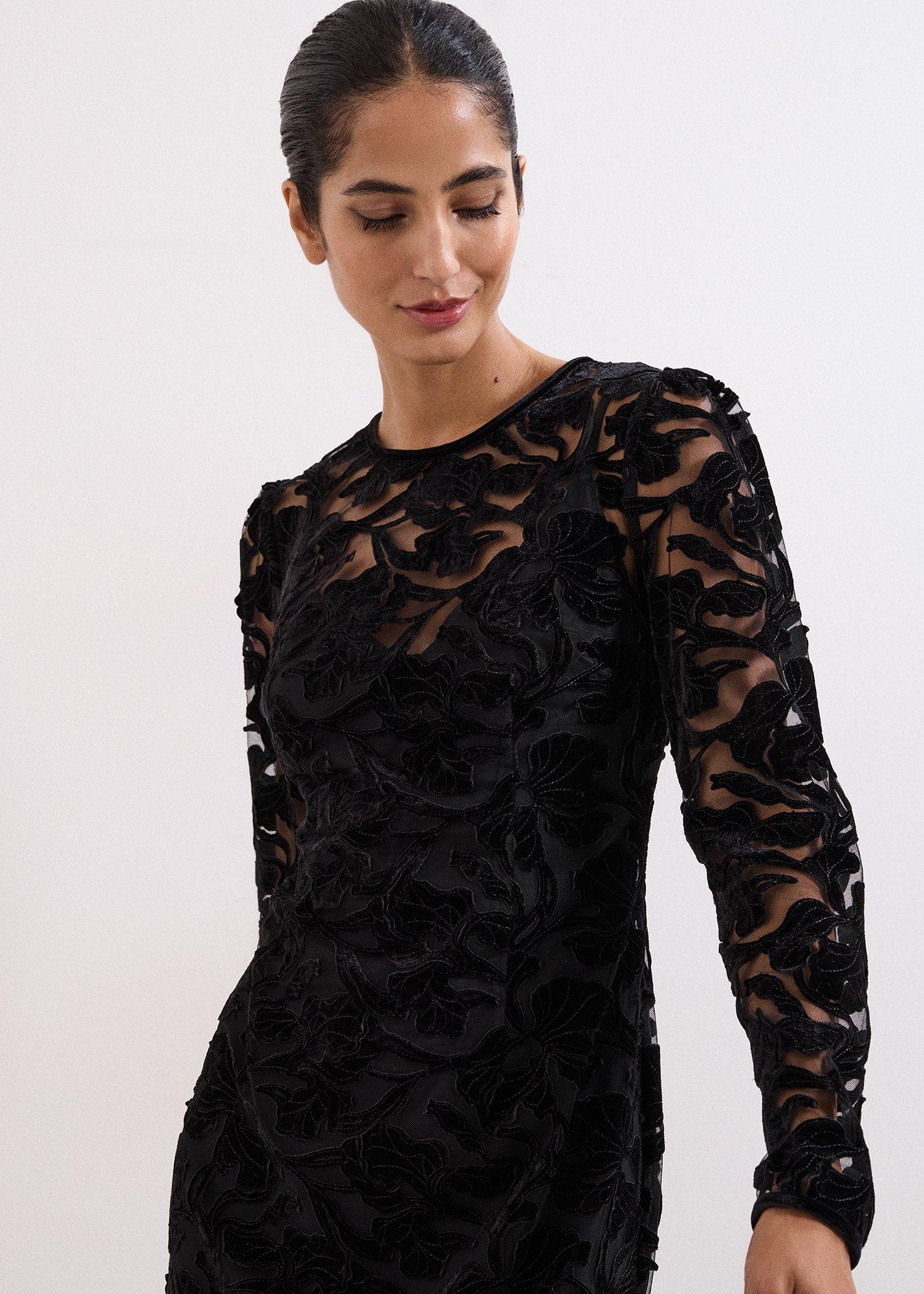 Viktoria Black Applique Velvet Midi Dress