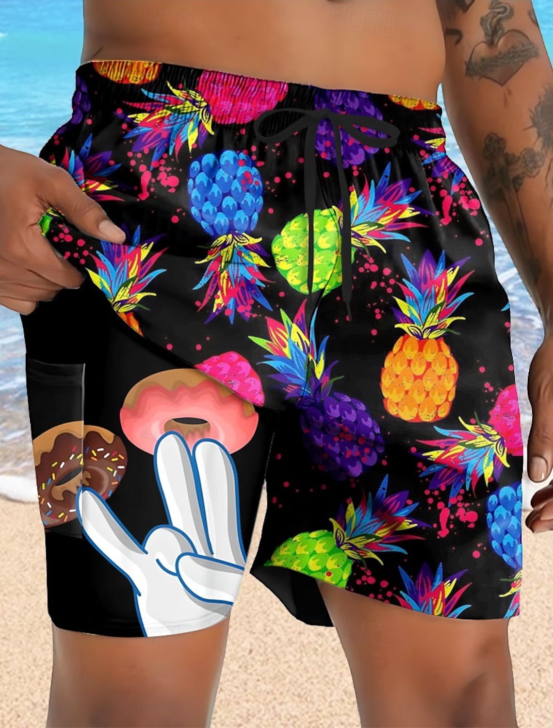 Men's Pineapple Funny Donuts Lined Shorts 2 in 1 Board Swim Mid Waist