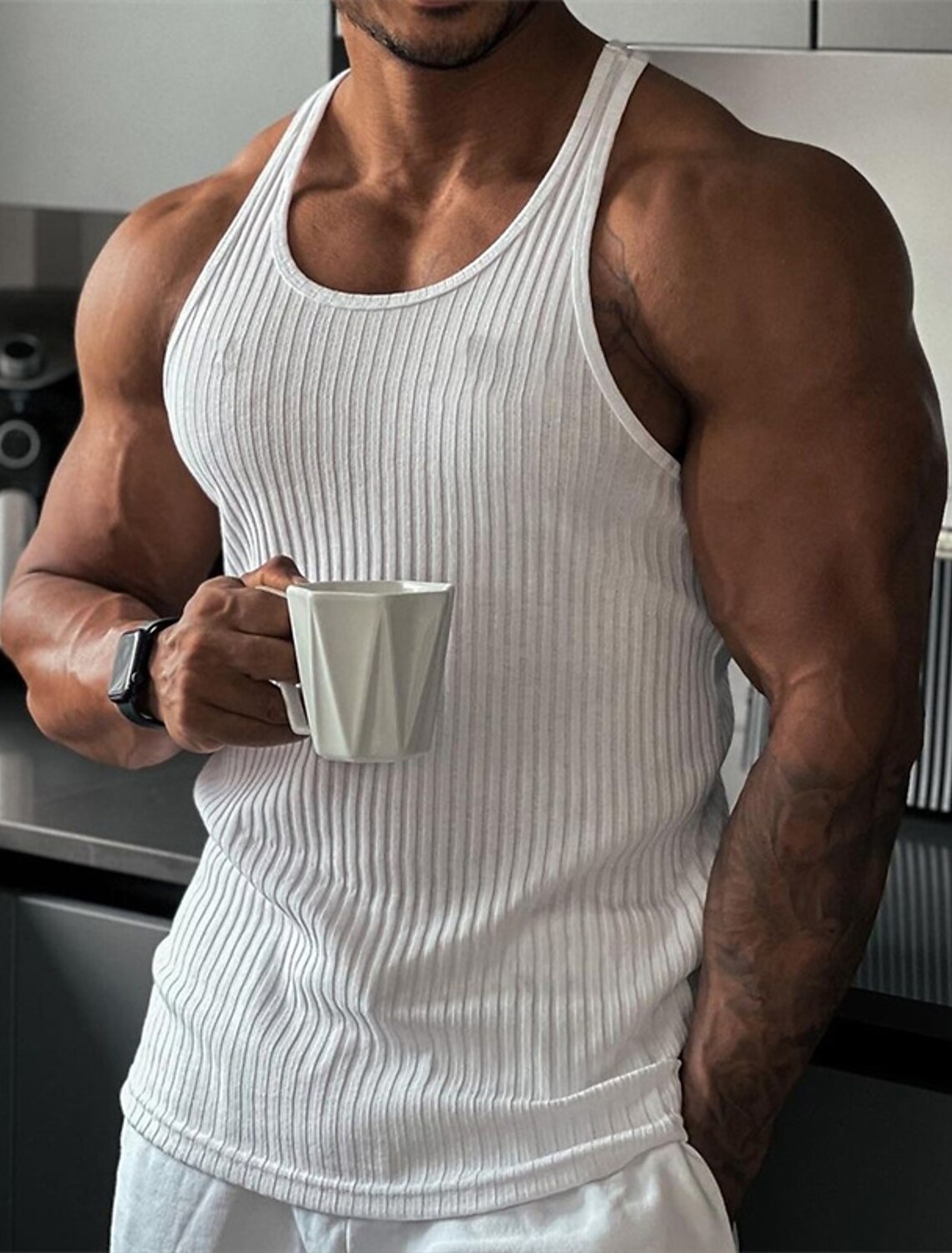 Men's Tank Top Rib Knit Wife beater Shirt Sleeveless Crew Neck Summer