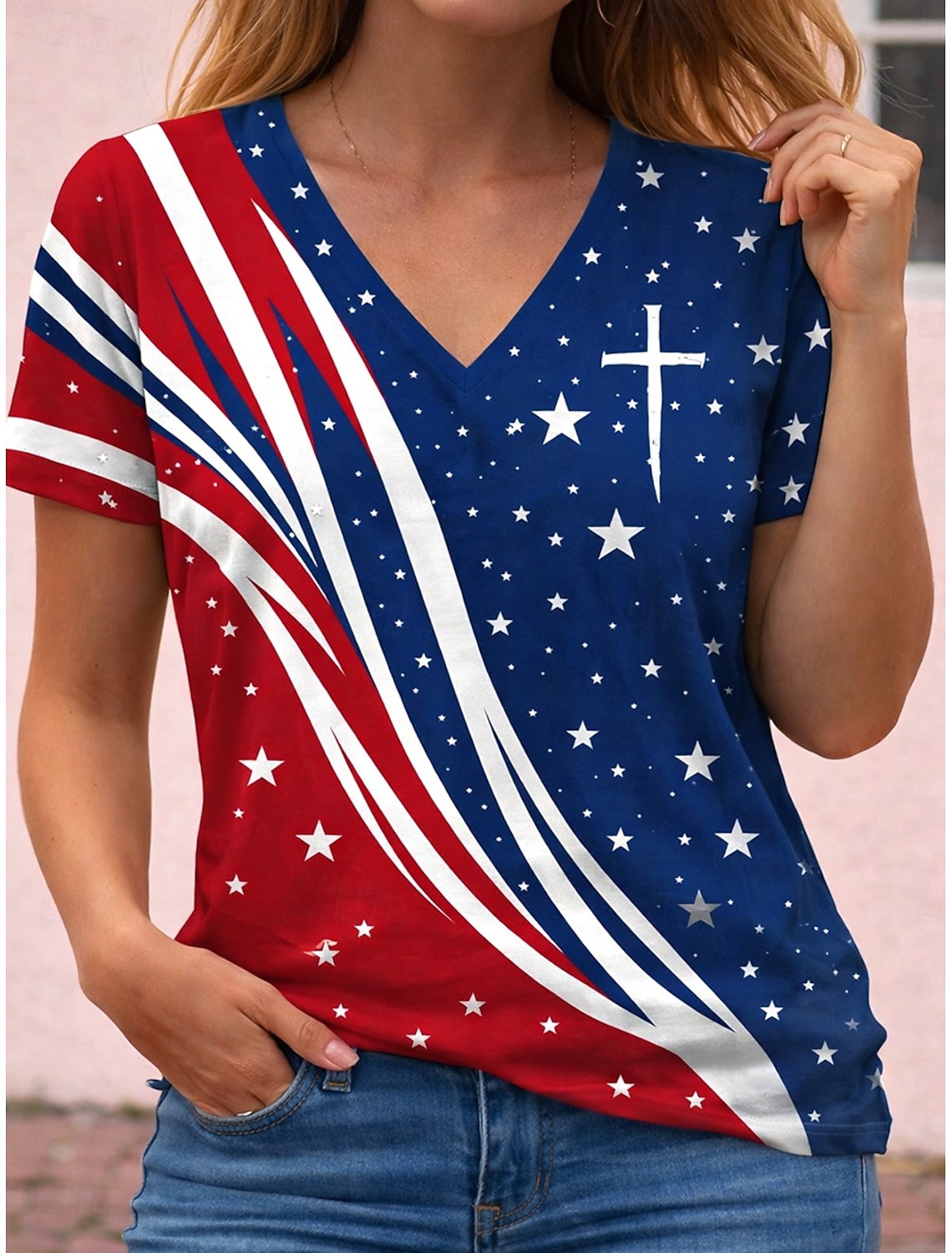 American Independence Day Women's T Shirt Print Graphic Flag Vintage Stylish Classic Short Sleeve V Neck Regular Tops Daily Blue White Red Summer Spring
