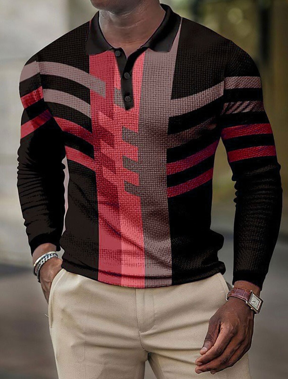 Men's Plaid Waffle Polo Shirts Golf Shirt Long Sleeve Collared Vintage