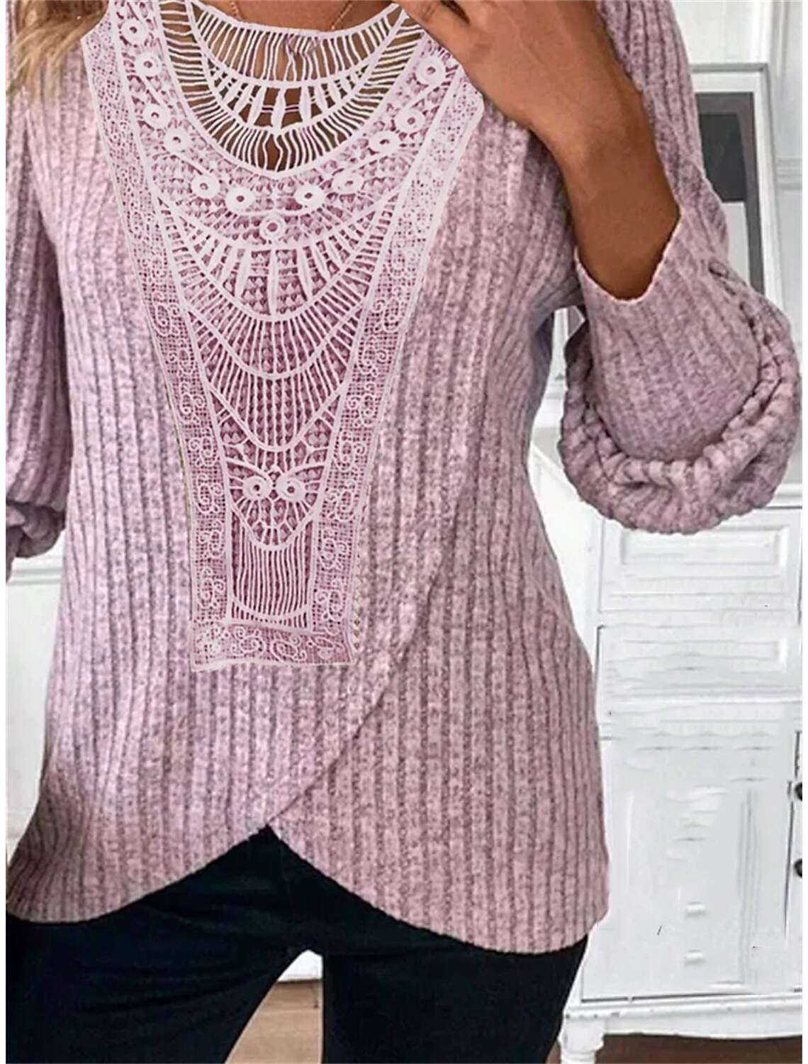 Women's Blouse Dressy Tops Casual Lace Long Sleeve Regular Tops Crew Neck Daily Spring & Fall
