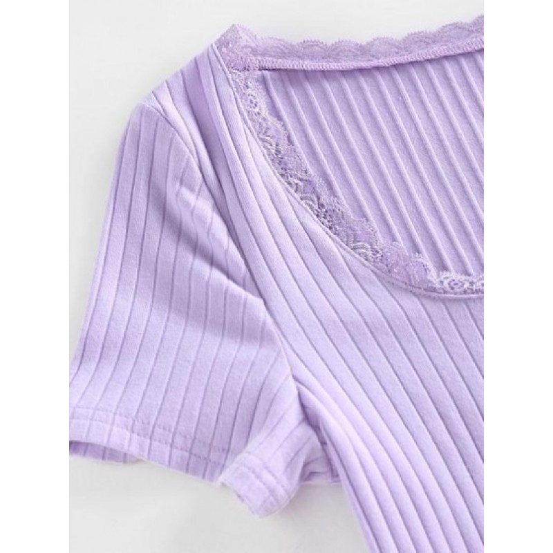 Ribbed Lace Insert Mock Button T Shirt NX0726