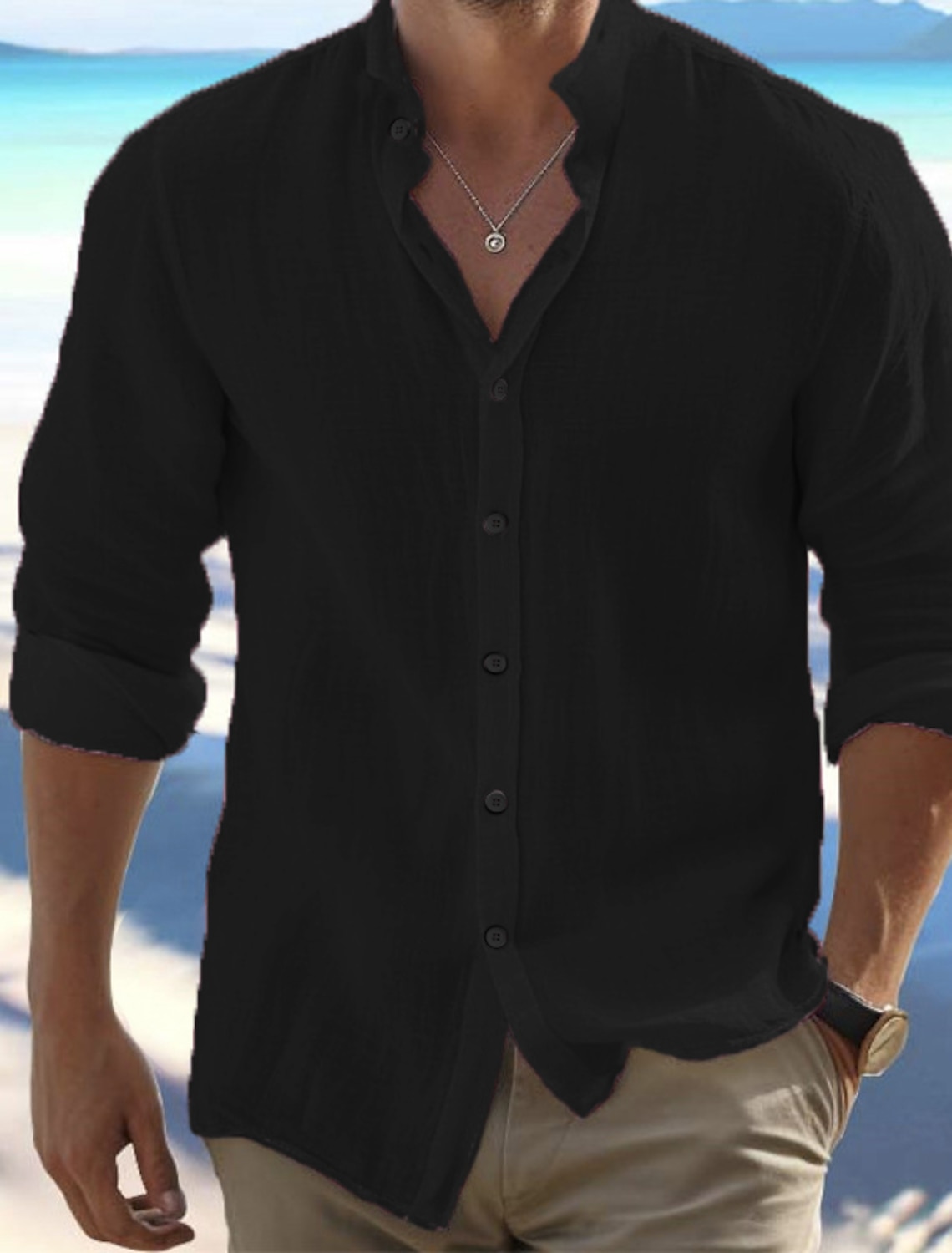 Men's Shirt Summer Beach Wear Button Up Black White Pink Red Long