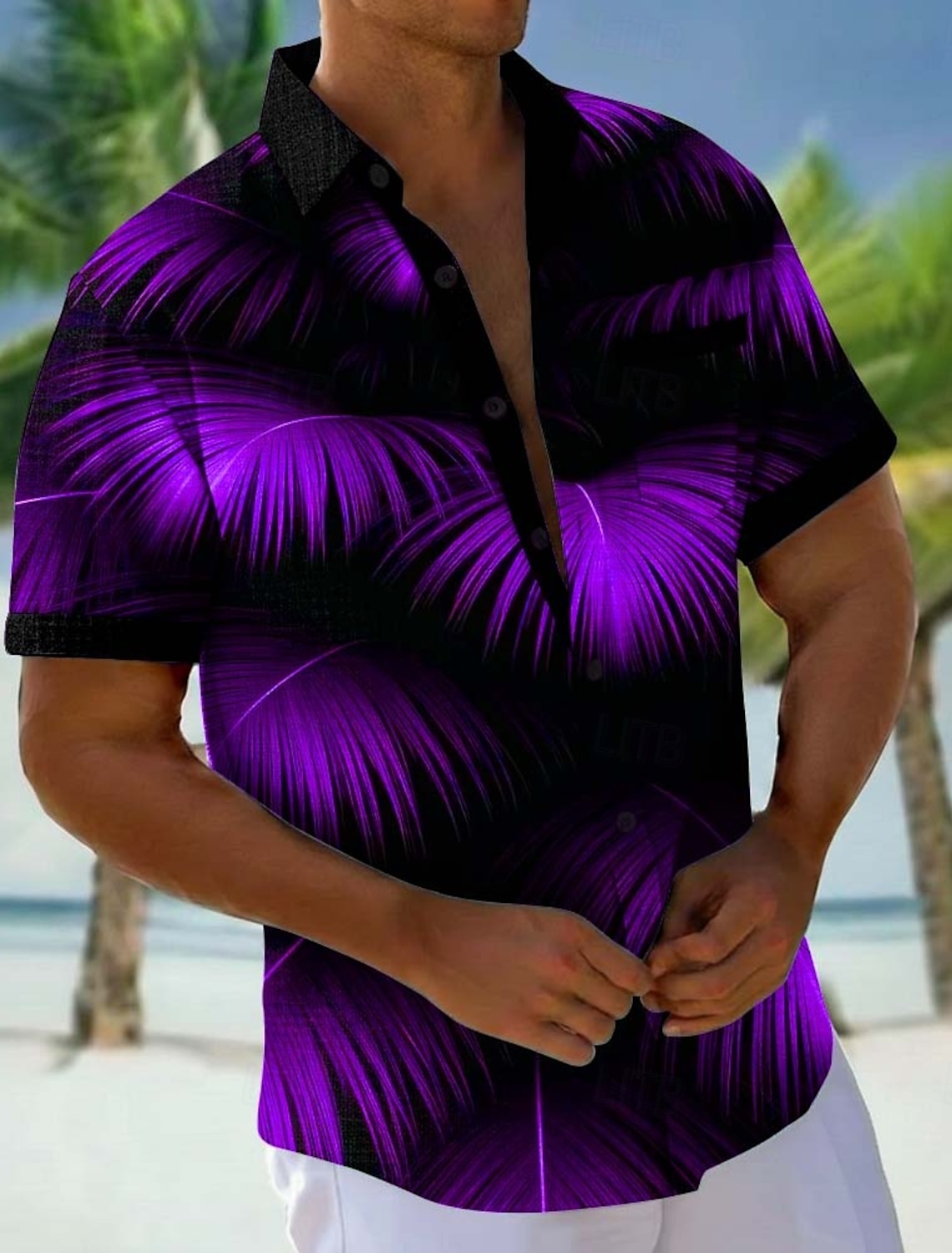 Men's Palm Leaf Tropical Plants Shirt Hawaiian Shirt Aloha Shirt Short Sleeve Hawaiian Vacation Holiday Summer Turndown 3D Print Front One Pocket Linen Like Shirt Blue Purple Green Rose Red