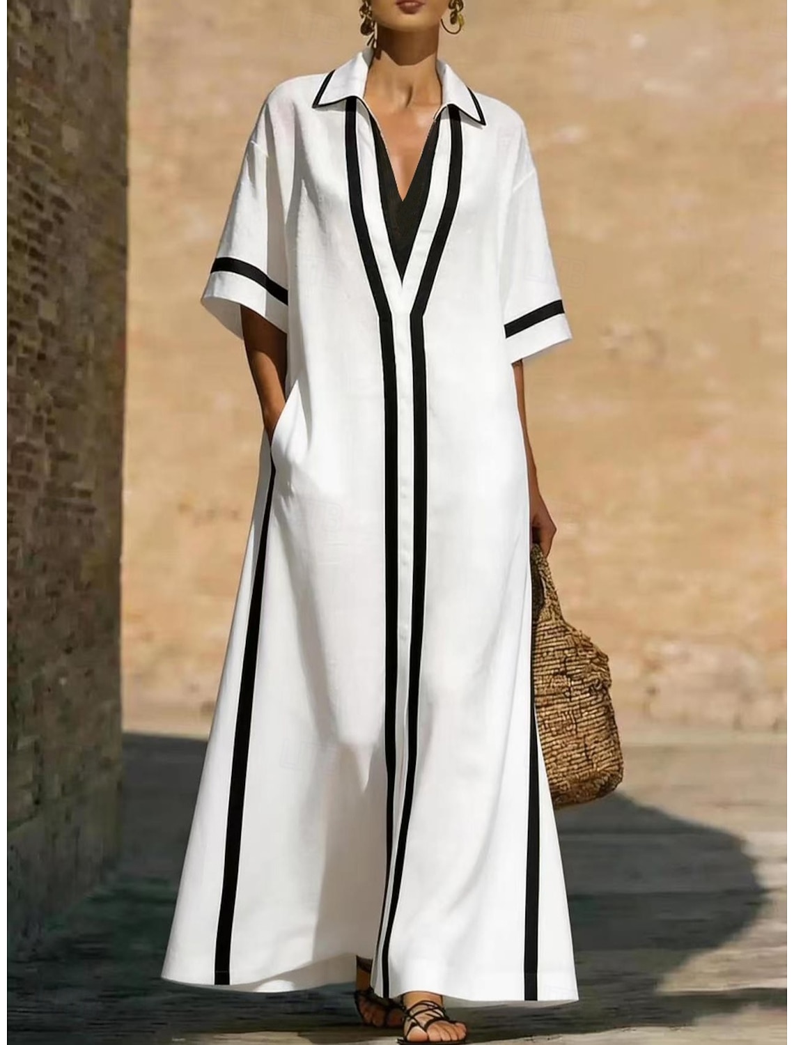 Women's Maxi Dress Casual Dress Summer Dress Elegant Basic Classic Daily Vacation Regular Fit Plain Half Sleeve Shirt Collar Black White Pink Apricot Summer Spring