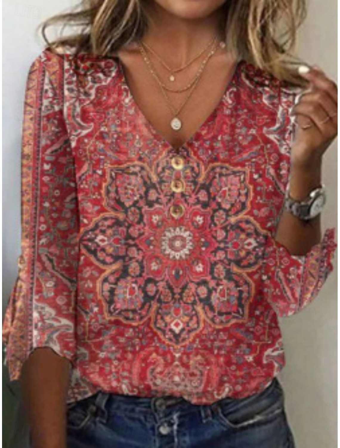Women's T Shirt Tee Top Print Floral Graphic Bohemia Vintage Long Sleeve V Neck Regular Tops Daily Going out Weekend Blue White Red Navy Blue Dusty Blue Summer Spring
