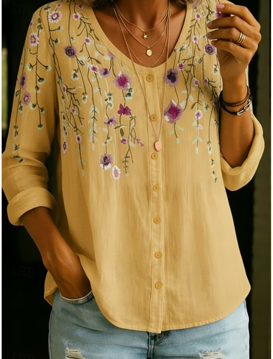 Women's Shirt Buttons Print Floral Graphic Vintage Daily Stylish Long Sleeve V Neck Regular Tops Casual Daily Blue Black White Yellow Pink Summer Spring