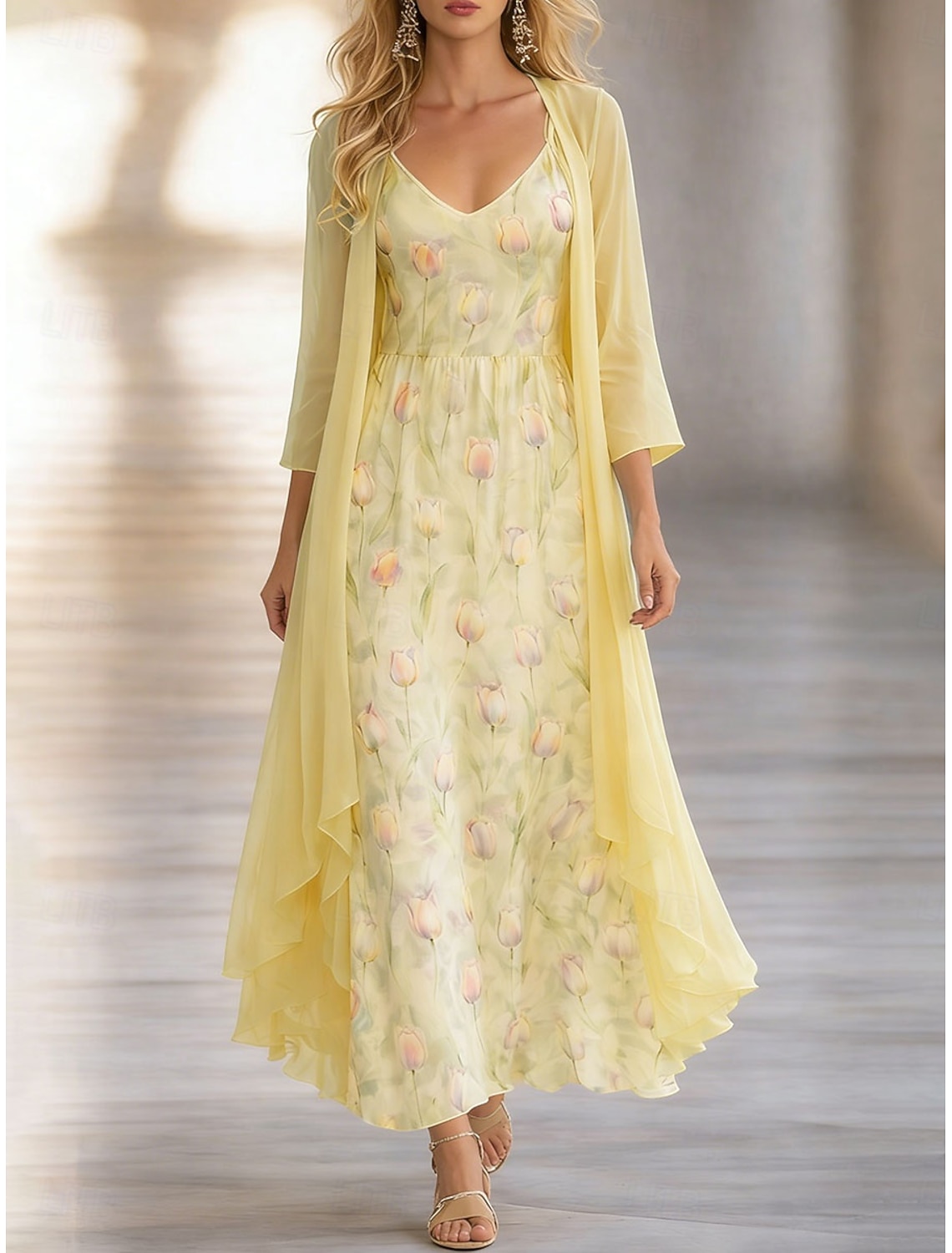 Women's Dress Set A Line Dress Elegant Vacation Floral Graphic Layered Print Maxi Dress 3/4 Length Sleeve V Neck Daily Vacation Blue Yellow Purple Summer Spring Regular Fit
