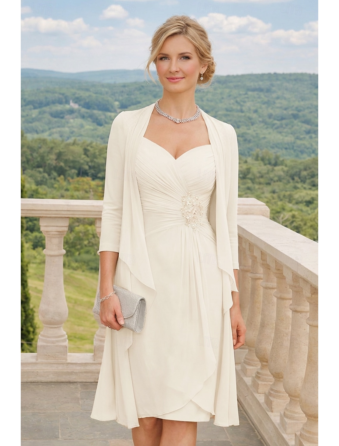 Two Piece A-Line Knee Length Wedding Guest Dress Mother of the Bride Dress Sleeveless Scoop Neck Elegant Wedding Guest Wedding Party Chiffon Lace Jacket Dresses with Pleats Appliques