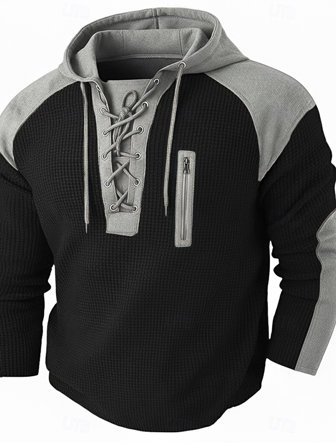 Men's Waffle T-shirt T Shirt Henley Long Sleeve Hooded Lace Up Neck