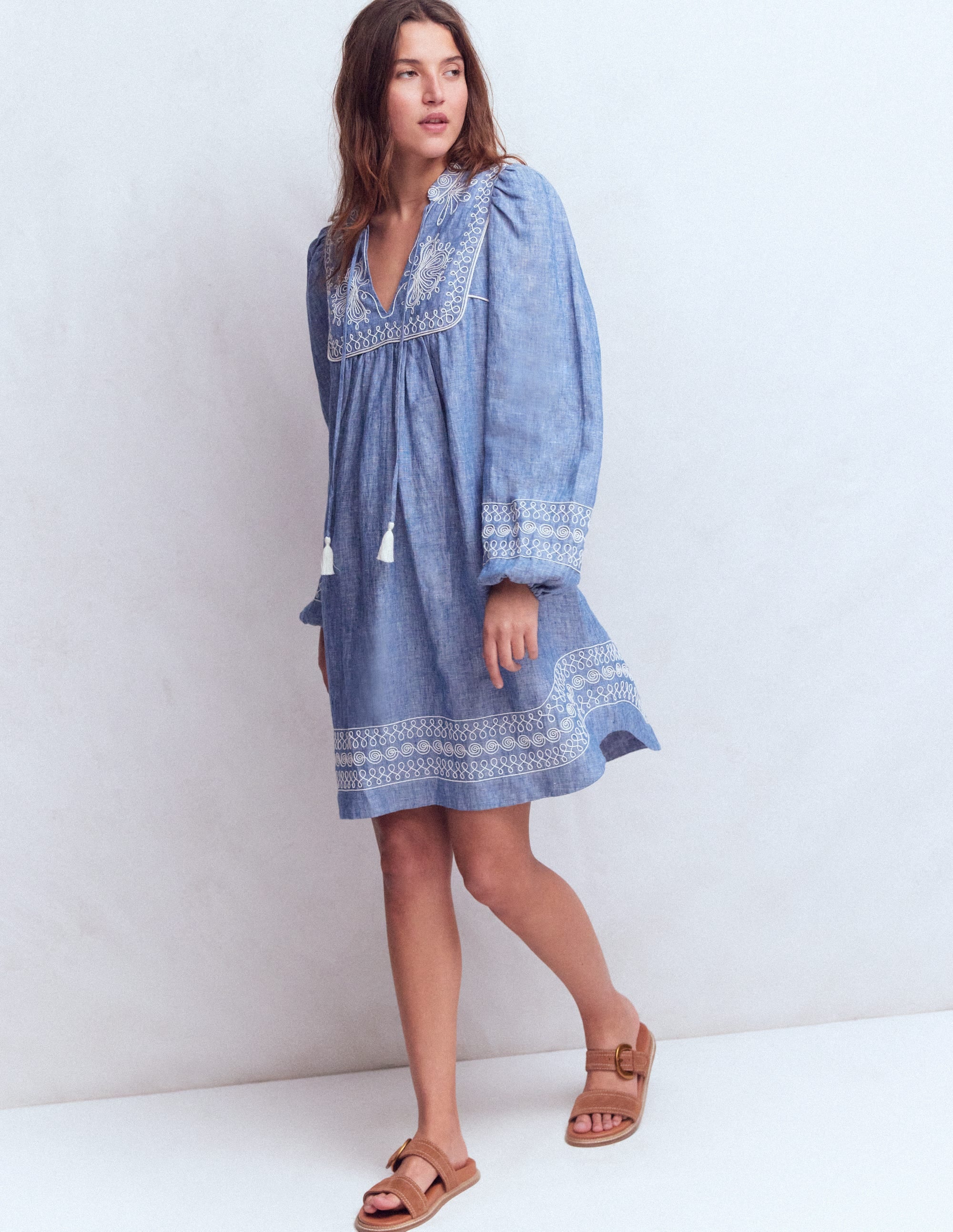 Pia Linen Yoke Tassel Dress